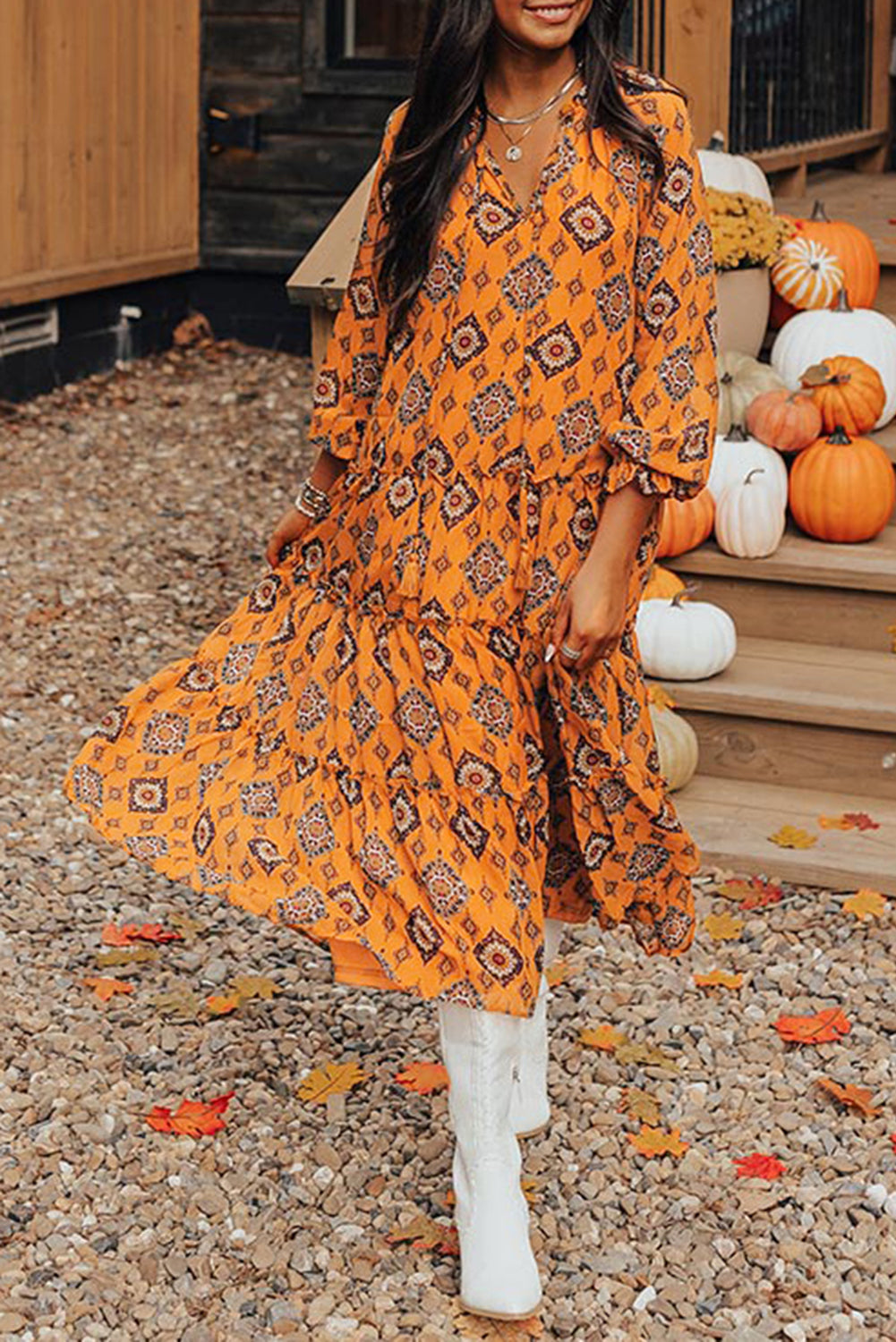 Orange Western Geometric Print Tiered Frilled Loose Fit Midi Dress 🇺🇲