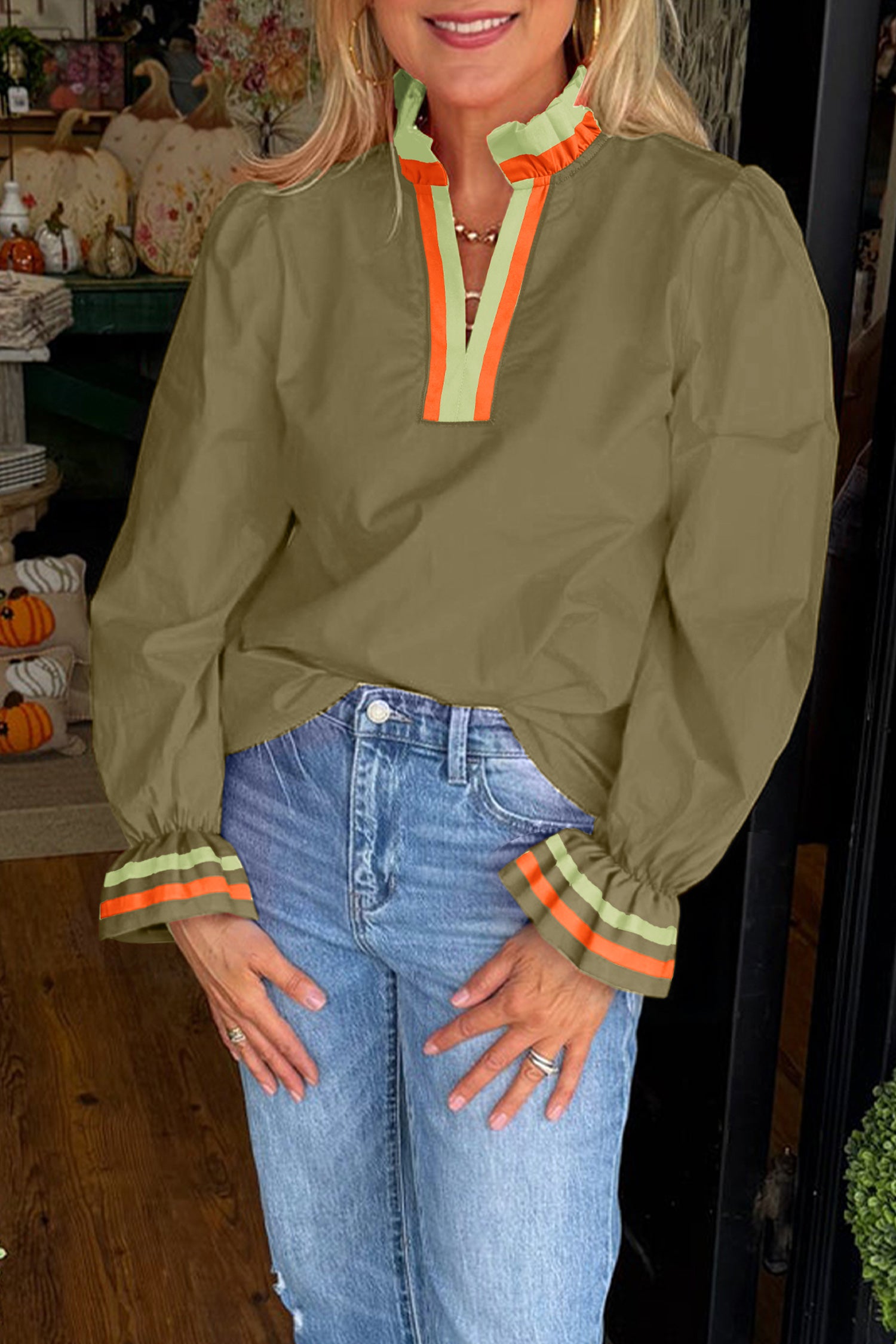 Four Leaf Clover Striped Trim Ruffle Split Neck Long Sleeve Blouse 🇺🇸