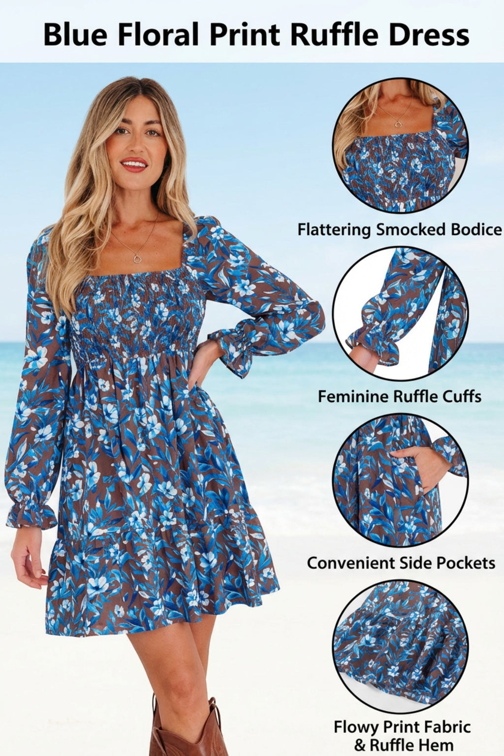 Blue Smocked Bodice High Waist Ruffled Sleeve Floral Dress 🇺🇸