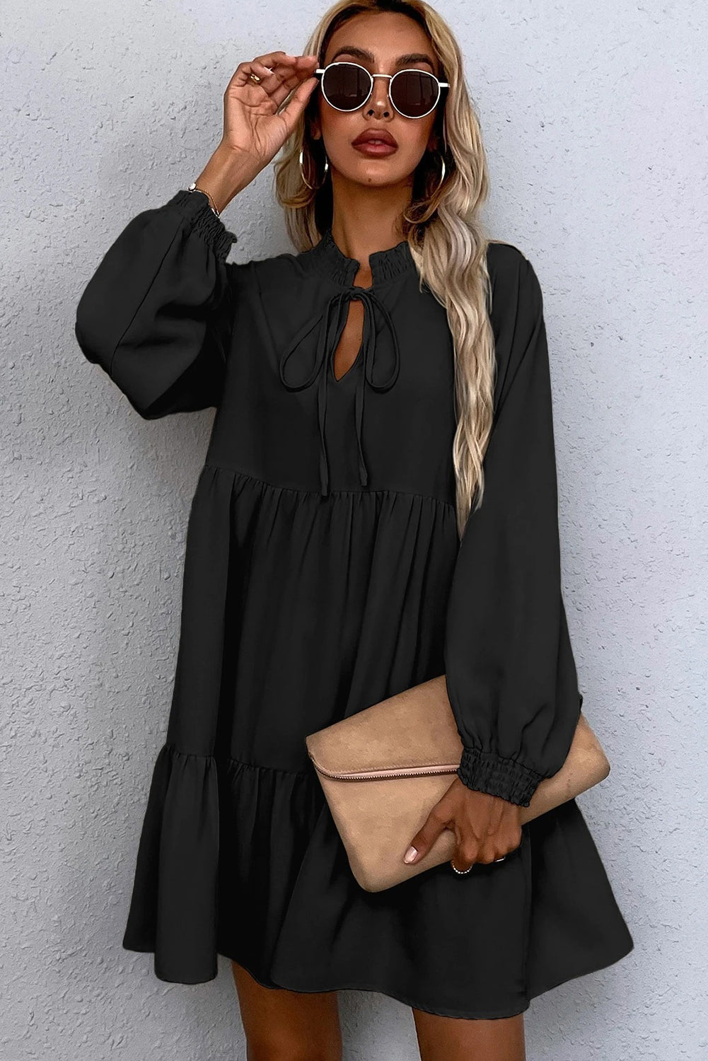 Black Tie Split Neck Smocked Detail Long Puff Sleeve Ruffle Hem Loose Dress 🇺🇸