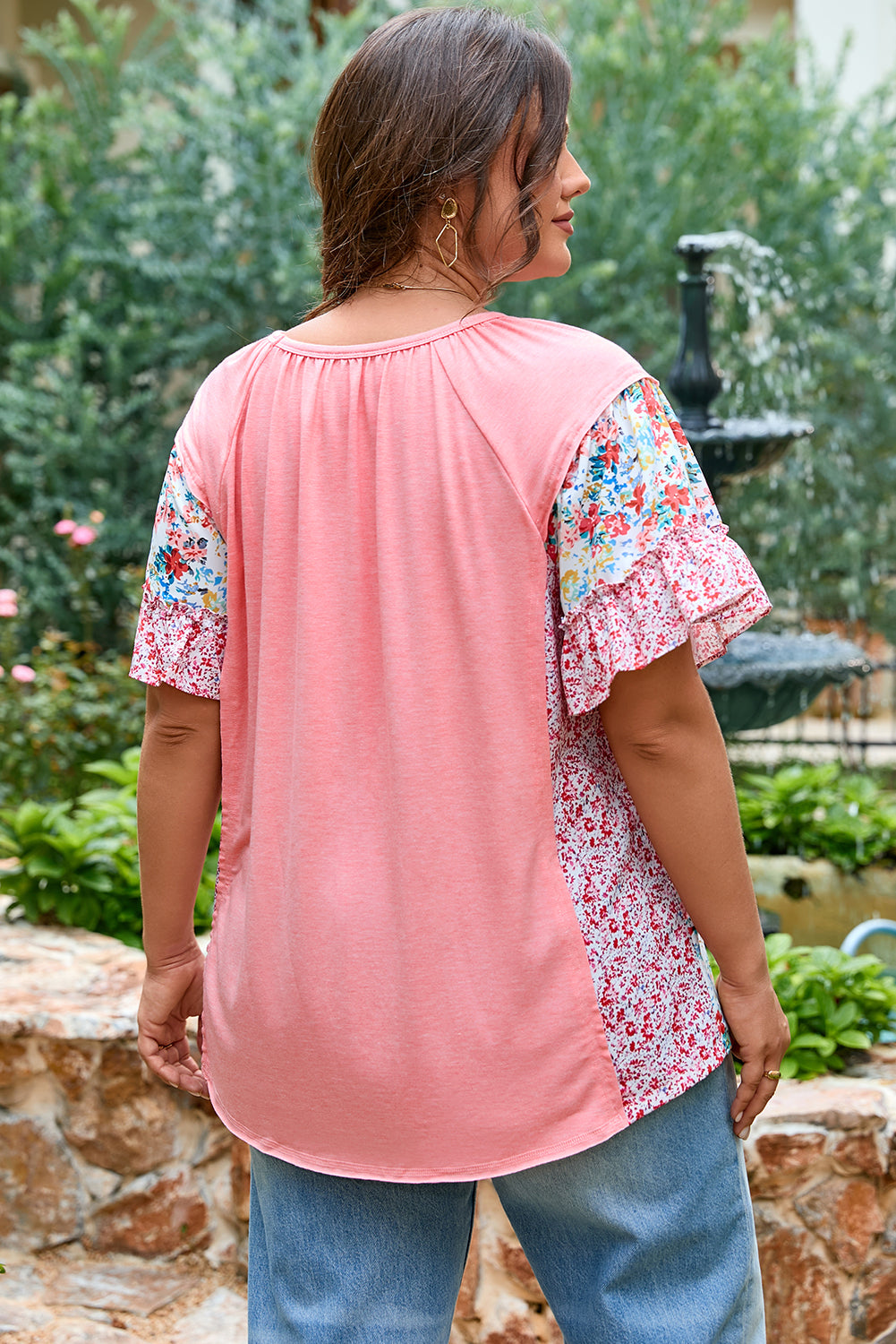 Pink Plus Size Floral Patchwork Ruffled Short Sleeve Blouse 🇨🇳