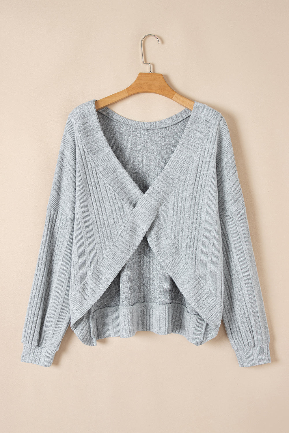 Light Grey Textured Crossover Backless Knit Long Sleeve Top 🇺🇲