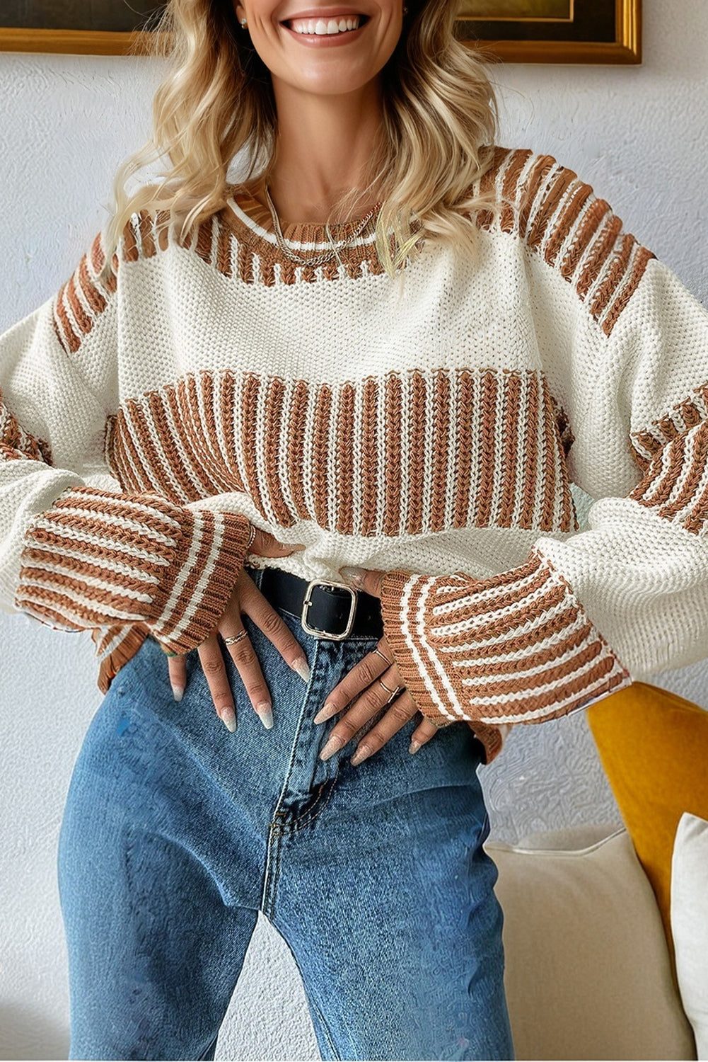 Khaki Two Tone Striped Patchwork Drop Shoulder Loose Sweater 🇺🇸