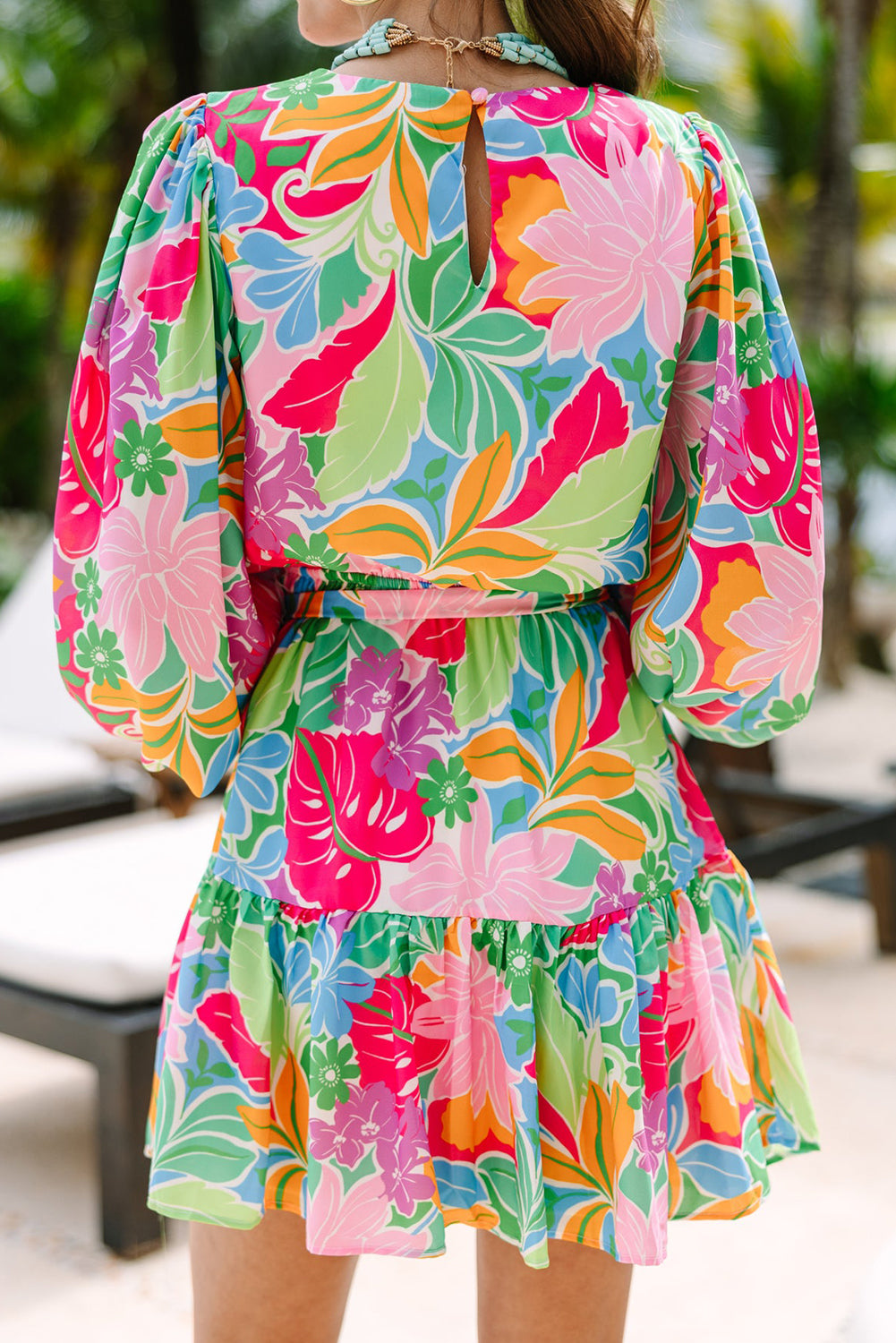 Green Multicolor Botanical Bubble Sleeve Mini Dress 🇺🇸