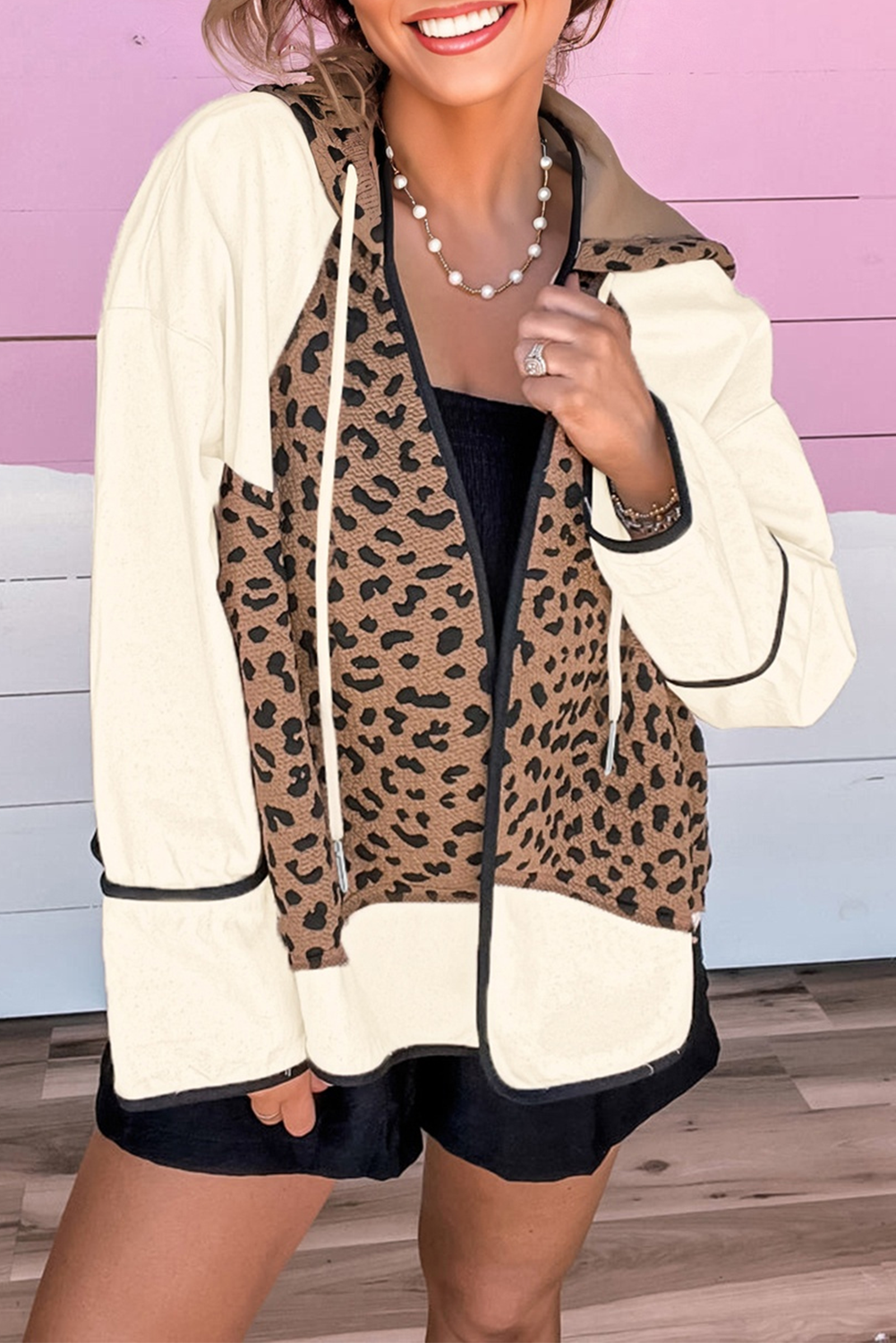 Brown Leopard Star Hooded Patchwork Contrast Piping Open Front Jacket 🇺🇸