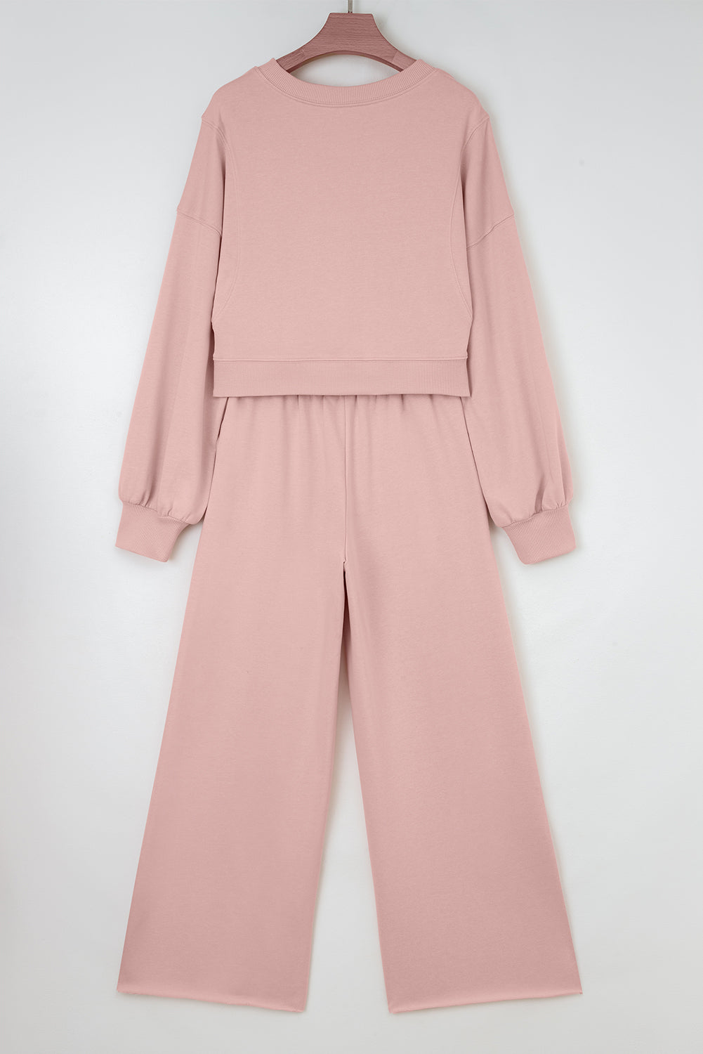 Light Pink Drop Shoulder Puff Sleeve Crop Pullover Drawstring Wide Leg Pants Set 🇺🇸