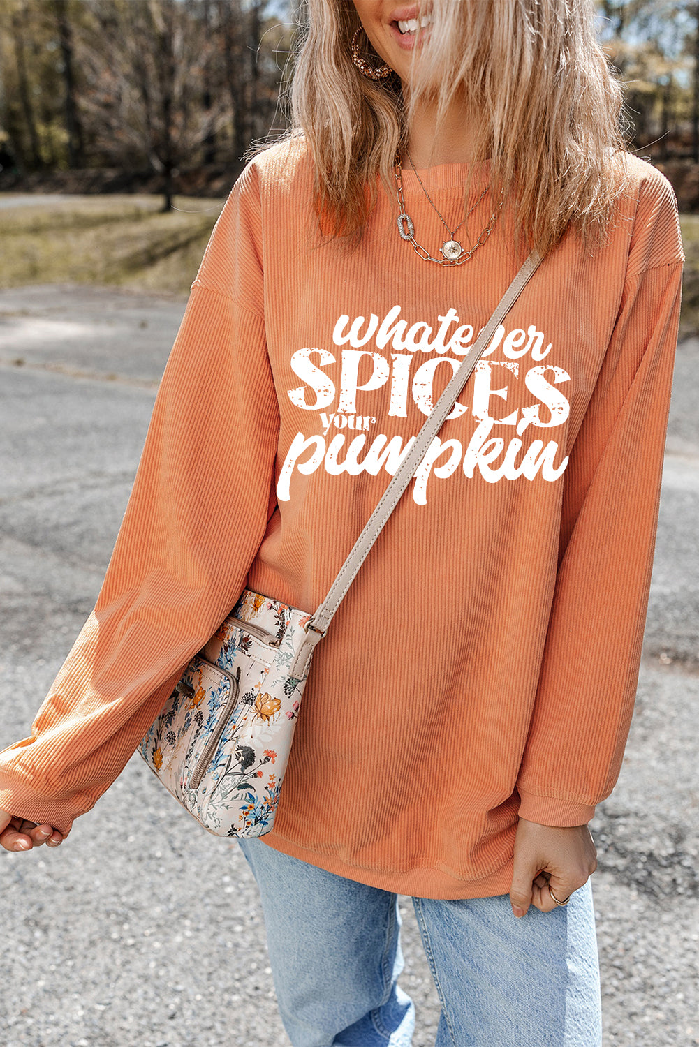 Orange Whatever Spices Your Pumpkin Graphic Corded Pullover Sweatshirt 🇺🇸