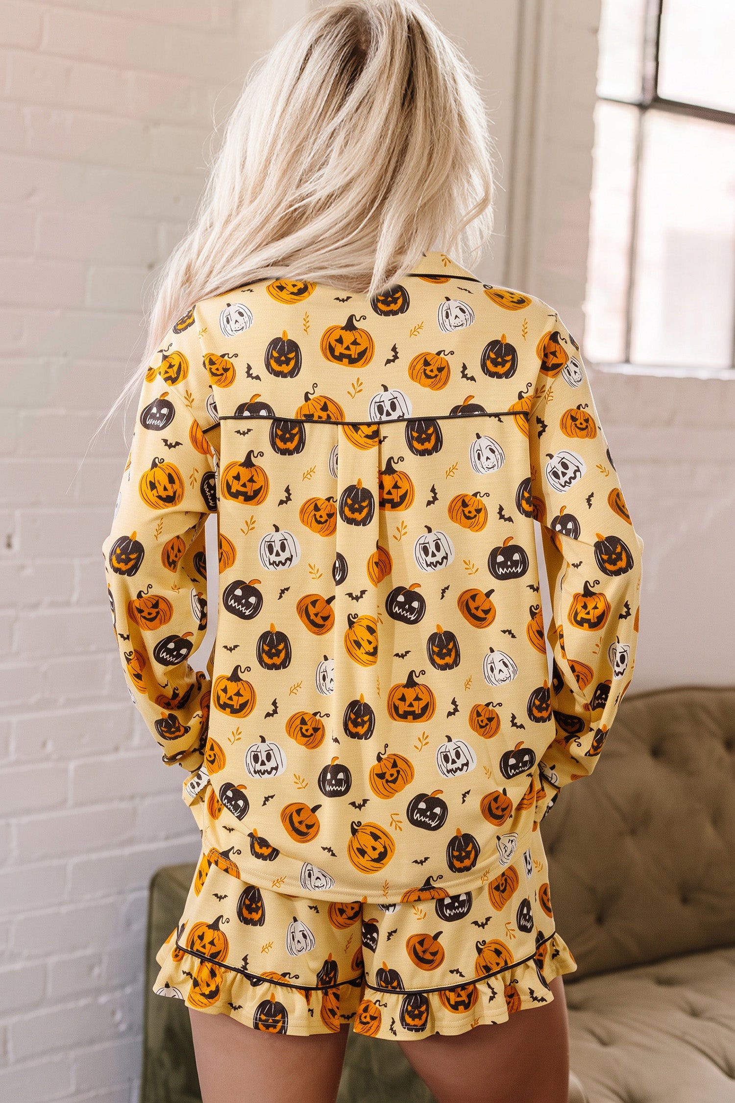Orange Long Sleeve Ruffle Pumpkin Face Print Two Piece Lounge Set 🇺🇸