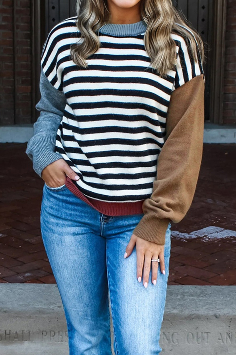 Color black Striped Panels Colorblock Sleeve Chic Sweater 🇺🇸