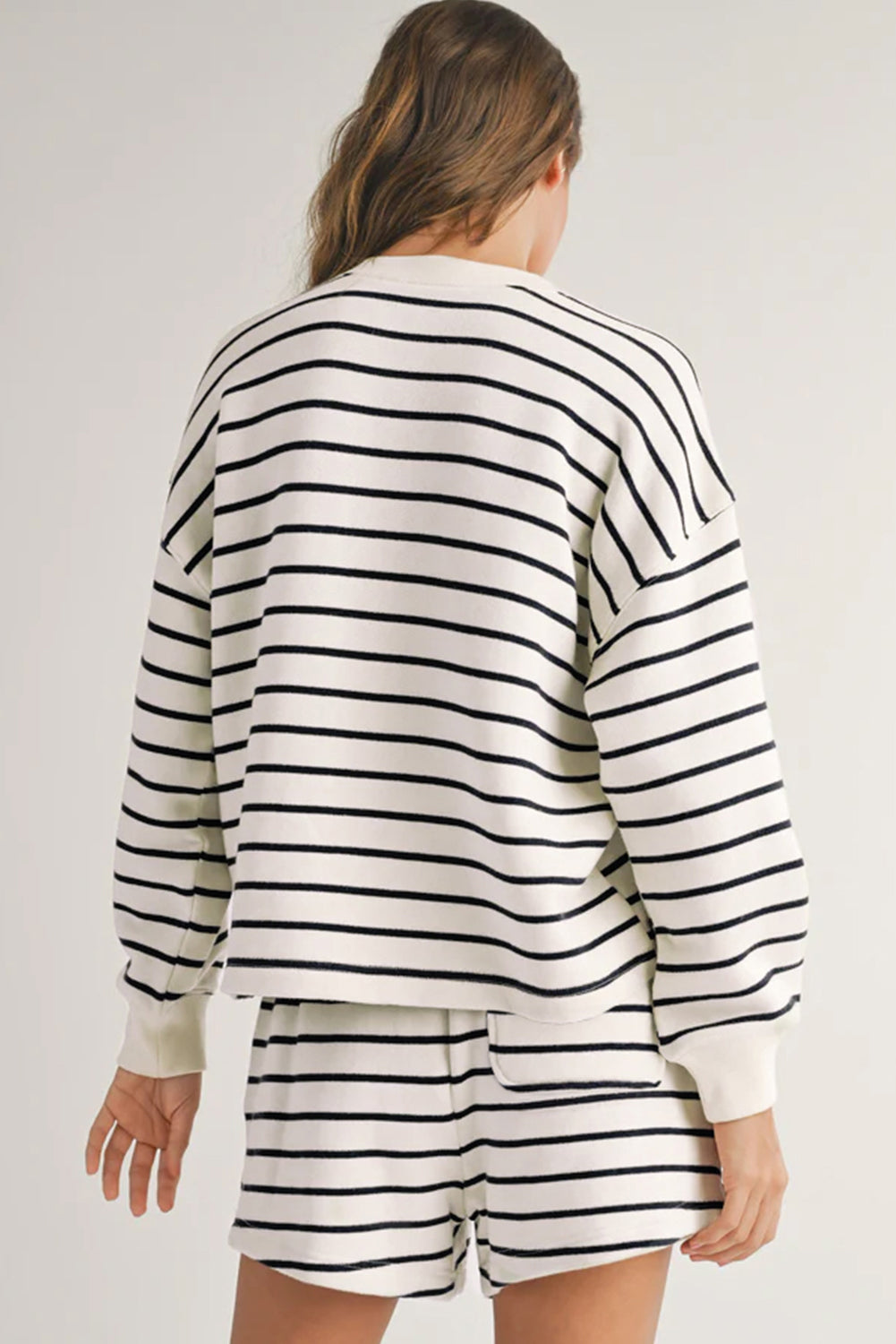 Black white Stripes Printed Half Button Long Sleeve Top and Shorts Set 🇨🇳