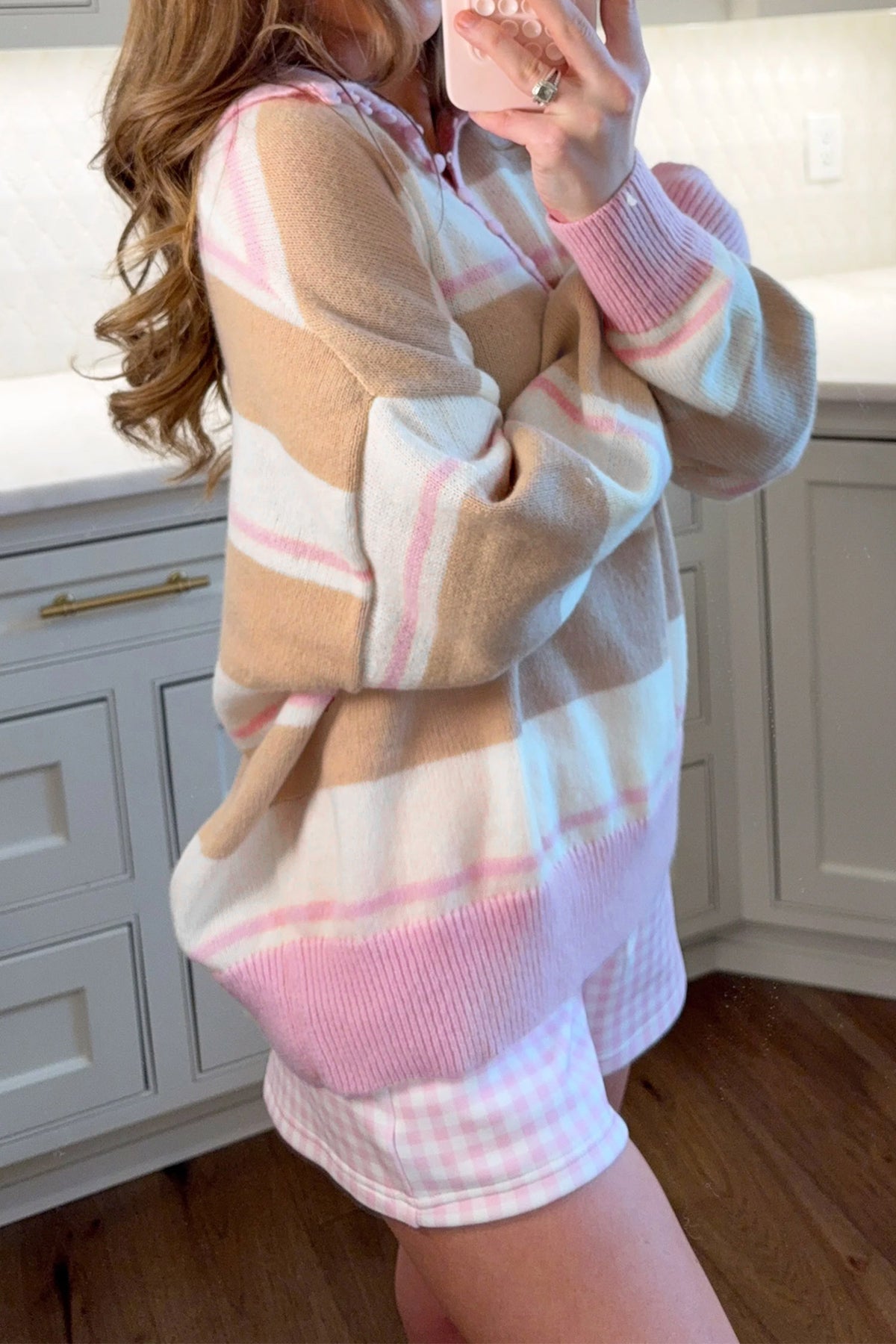 Pink Stripe Striped Colorblock V Neck Long Sleeve Tunic Sweater 🇺🇸