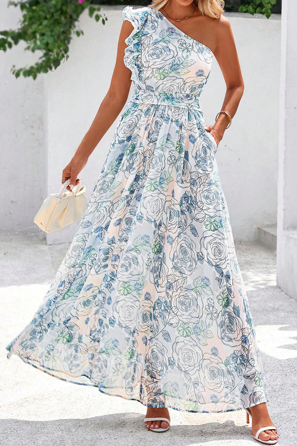 Sky Blue Floral Print Ruffled One Shoulder Vacation Maxi Dress 🇺🇸