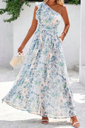 Sky Blue Floral Print Ruffled One Shoulder Vacation Maxi Dress 🇺🇸