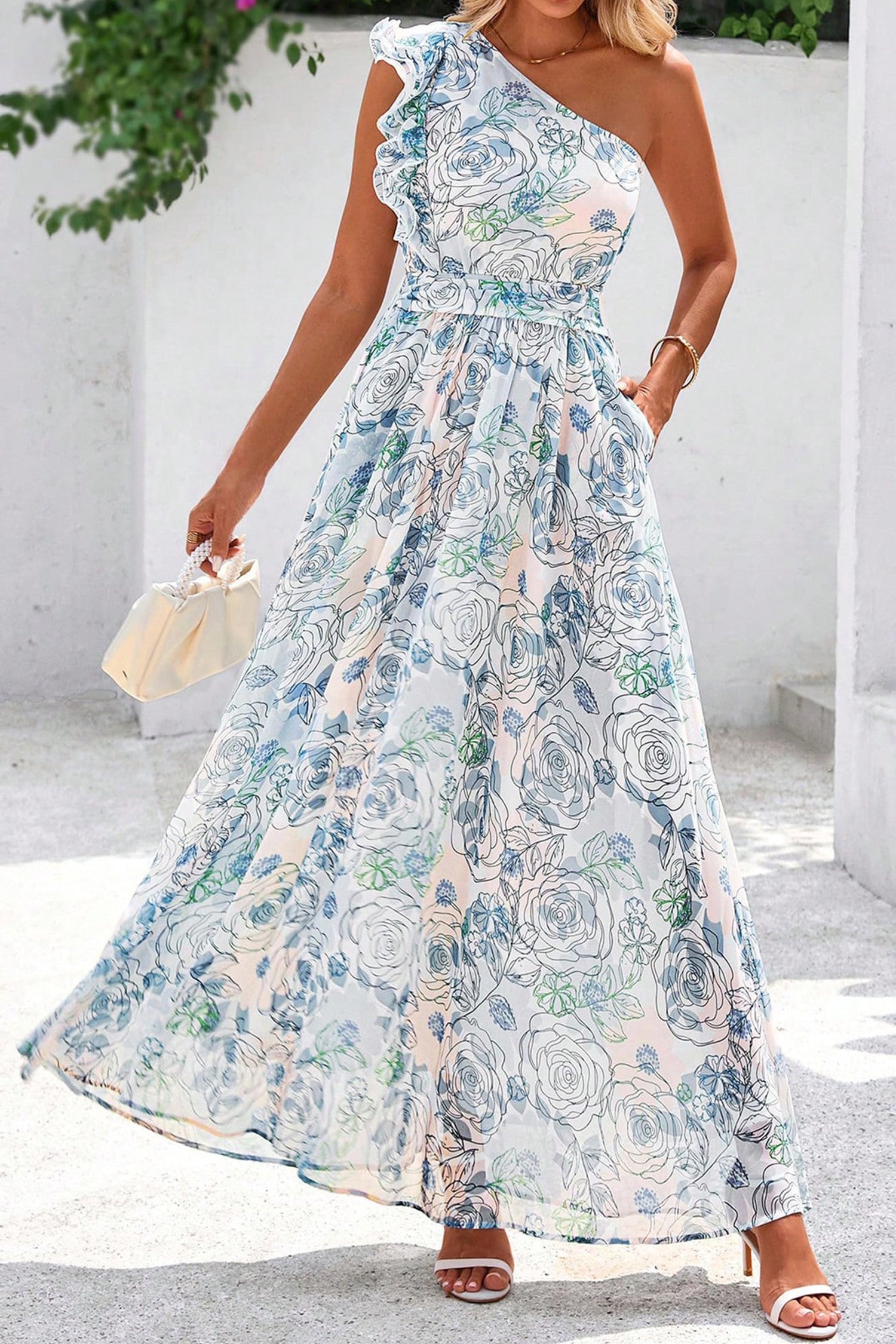 Sky Blue Floral Print Ruffled One Shoulder Vacation Maxi Dress 🇺🇸