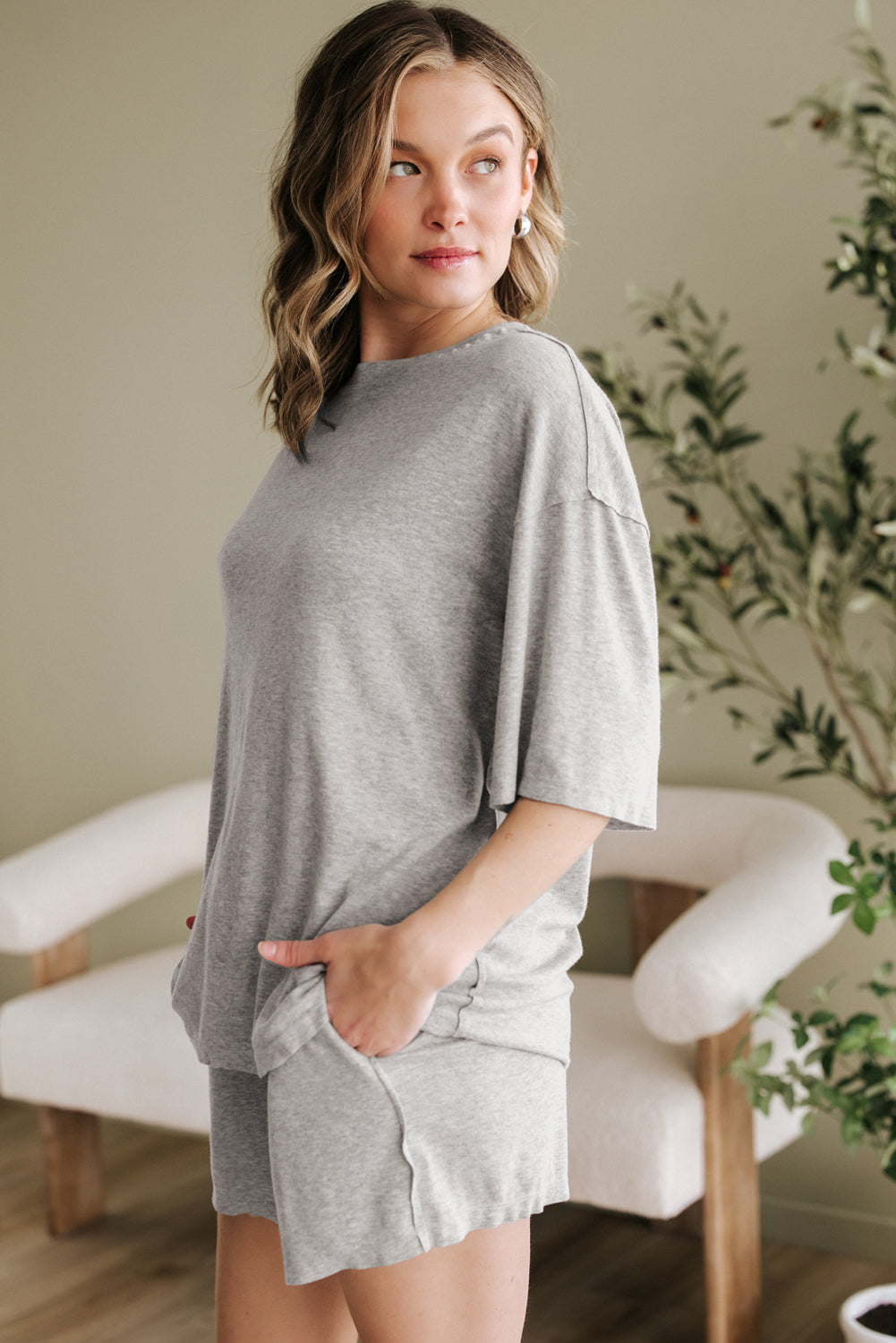 Gray Solid Color Loose Tee 2 Piece Shorts Set 🇨🇳