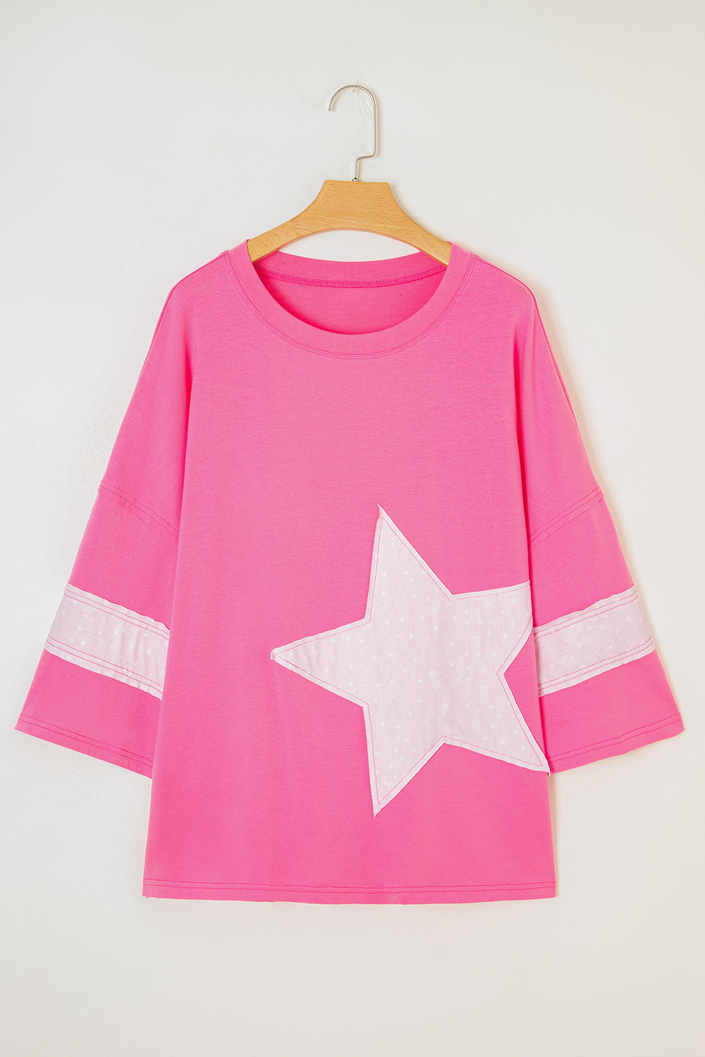 Pink Star Patched Colorblock Raw Edge Bracelet Sleeve Plus Size Loose Tee 🇺🇸