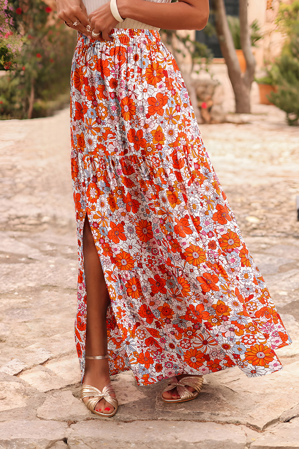 Blue Bohemian Floral Print Tiered Maxi Skirt with Split 🇺🇸