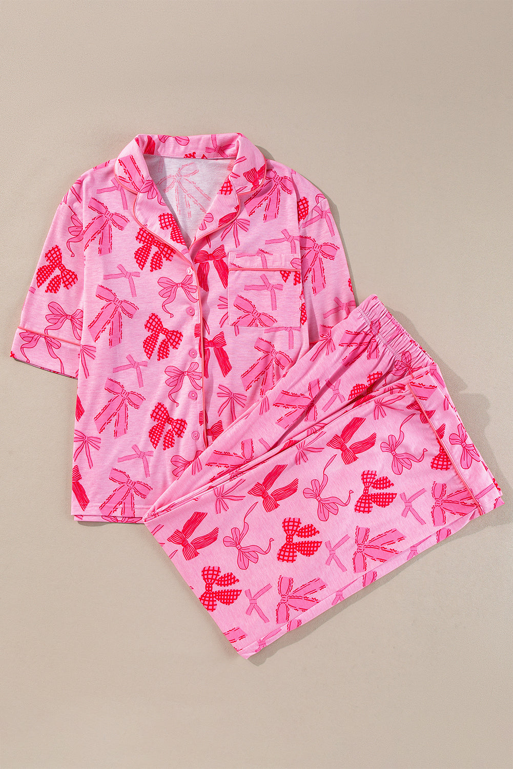 Pink Bow Knot Print Lapel Collar Short Sleeve and Pants Pajamas Set 🇺🇸