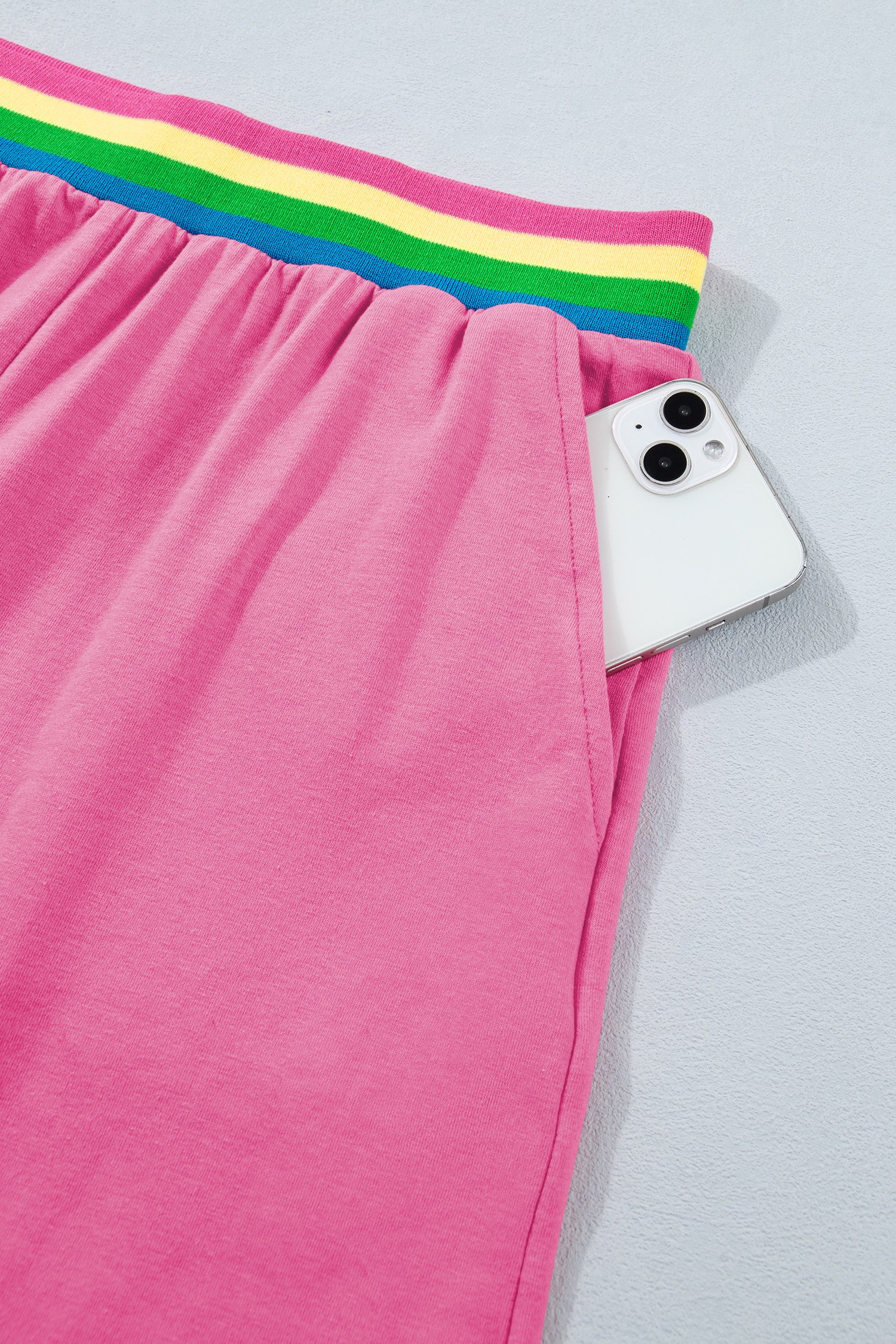 Bright Pink Seam Detail Raw Edge Tee Rainbow Waistband Casual Short Set 🇺🇸