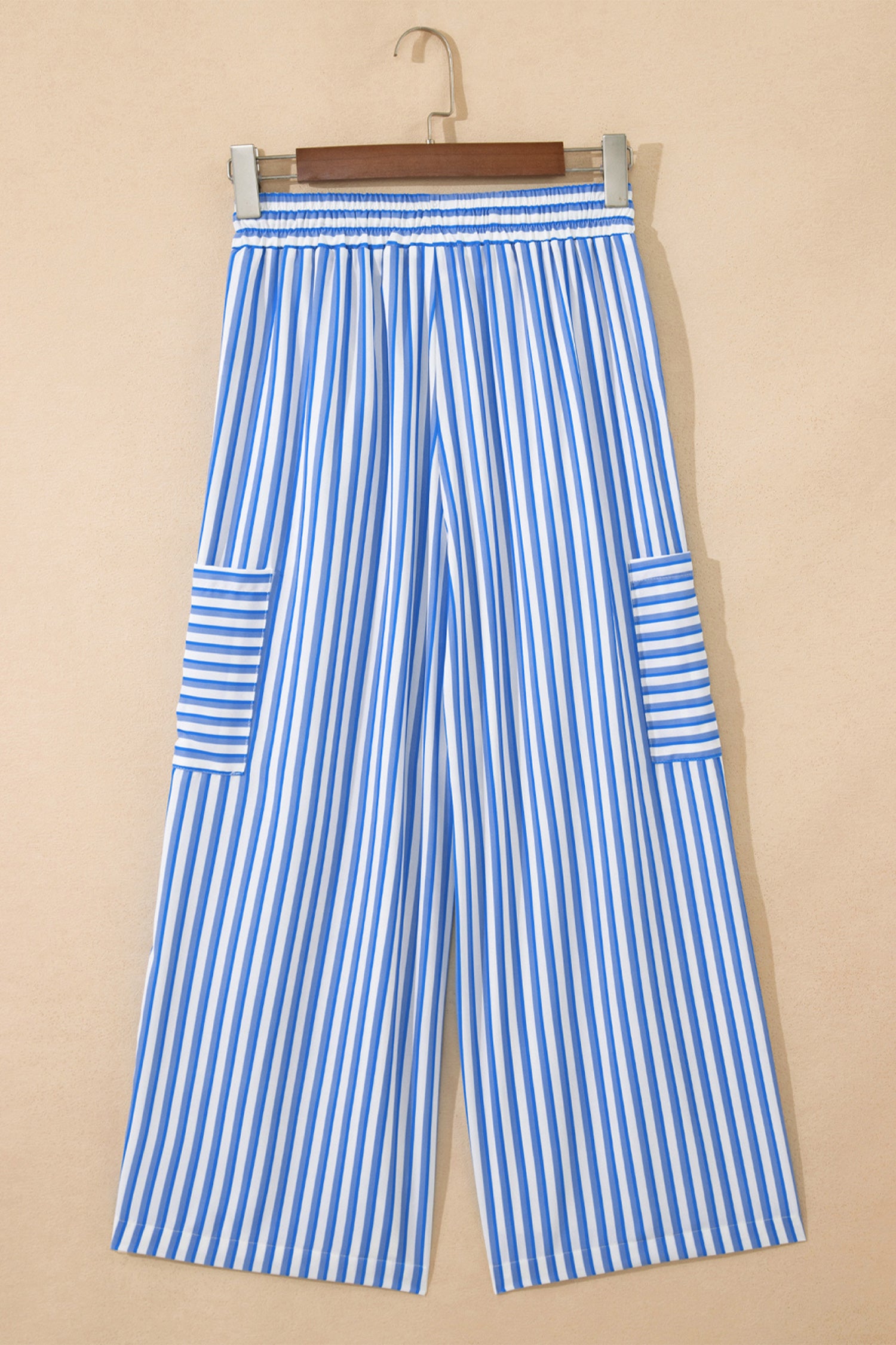 Sky Blue Stripe Drawstring Elastic Waist Patch Pocket Wide Leg Ankle-length Pants 🇺🇸