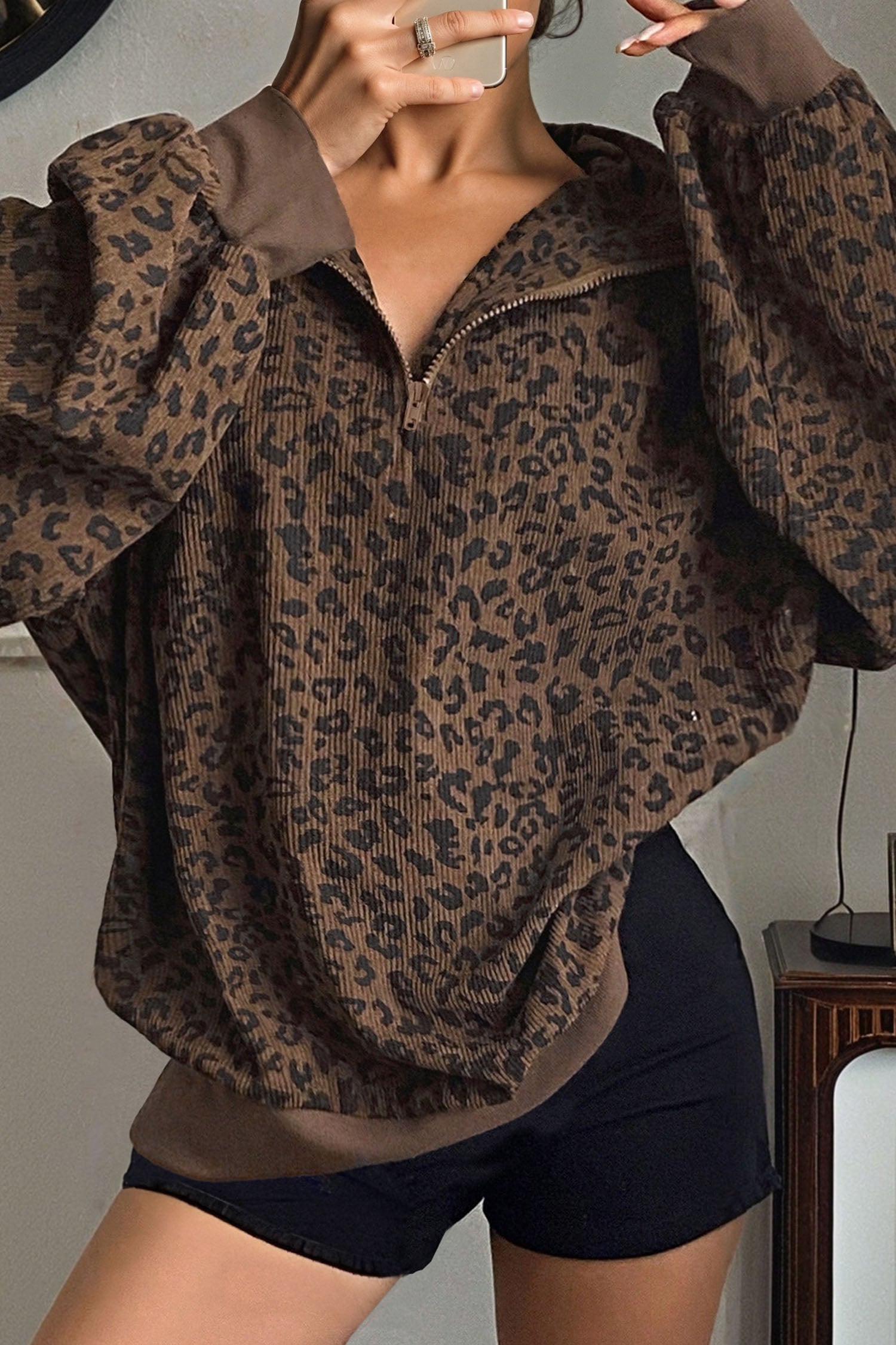 Brown Leopard Print Quarter Zip Corduroy Sweatshirt 🇺🇸