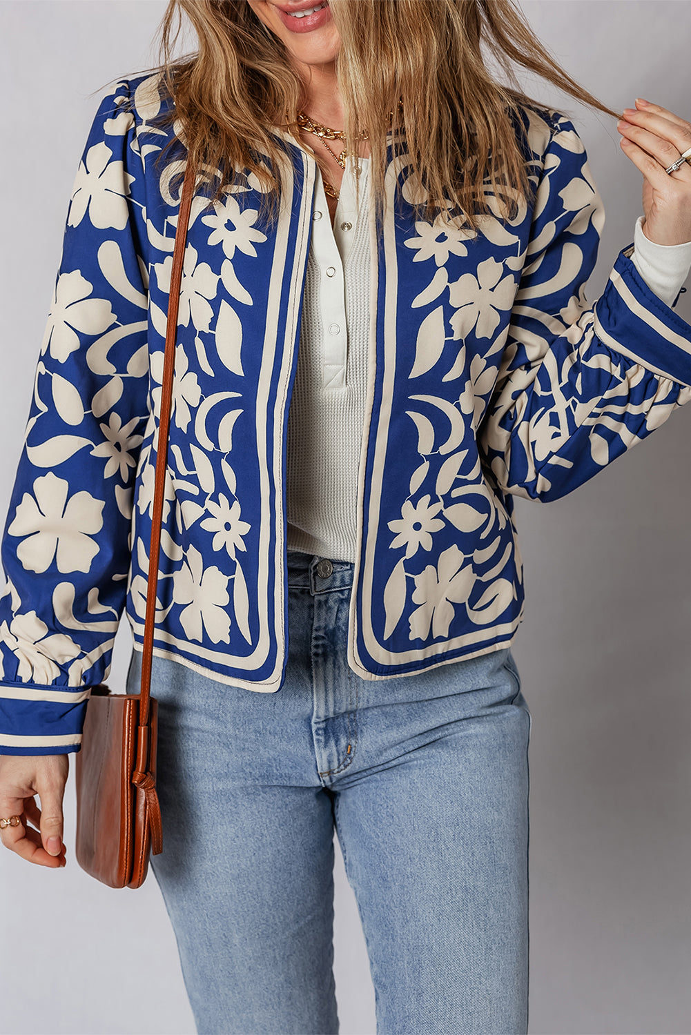 Blue Flower Print Open Front Buttoned Cuffs Elegant Jacket 🇺🇸