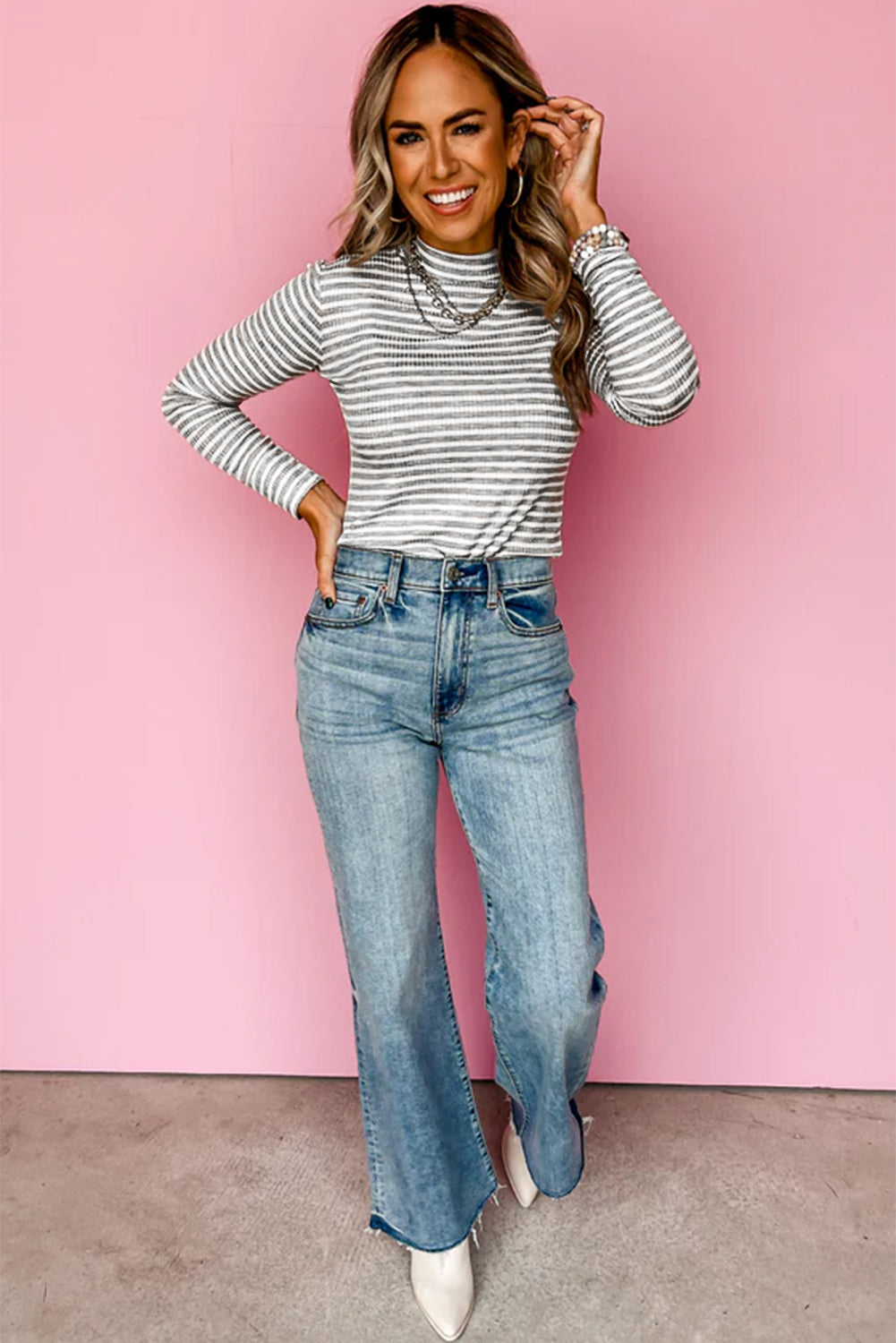 Gray Stripe Ribbed High Neck Slim Fit Long Sleeve Top 🇺🇸