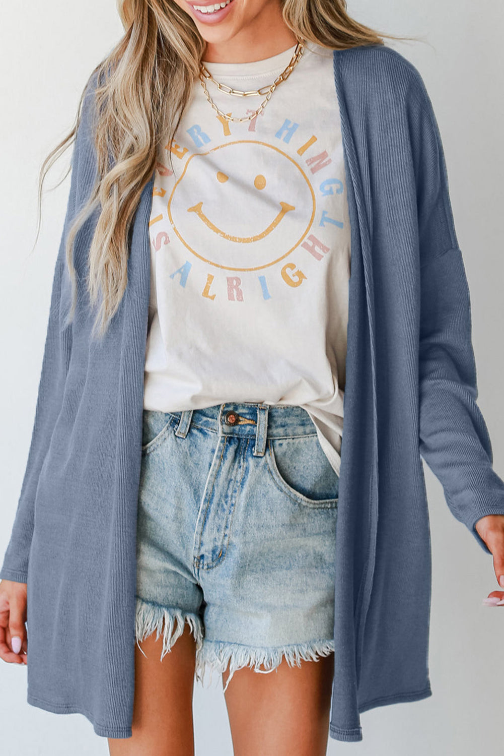 Ashleigh Blue Solid Color Rib Knit Open Front Tunic Cardigan 🇨🇳