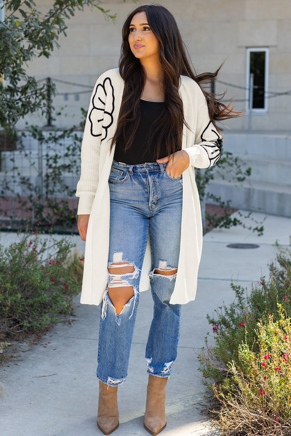 Beige Flower Embroidered Drop Shoulder Open Front Duster Cardigan 🇨🇳