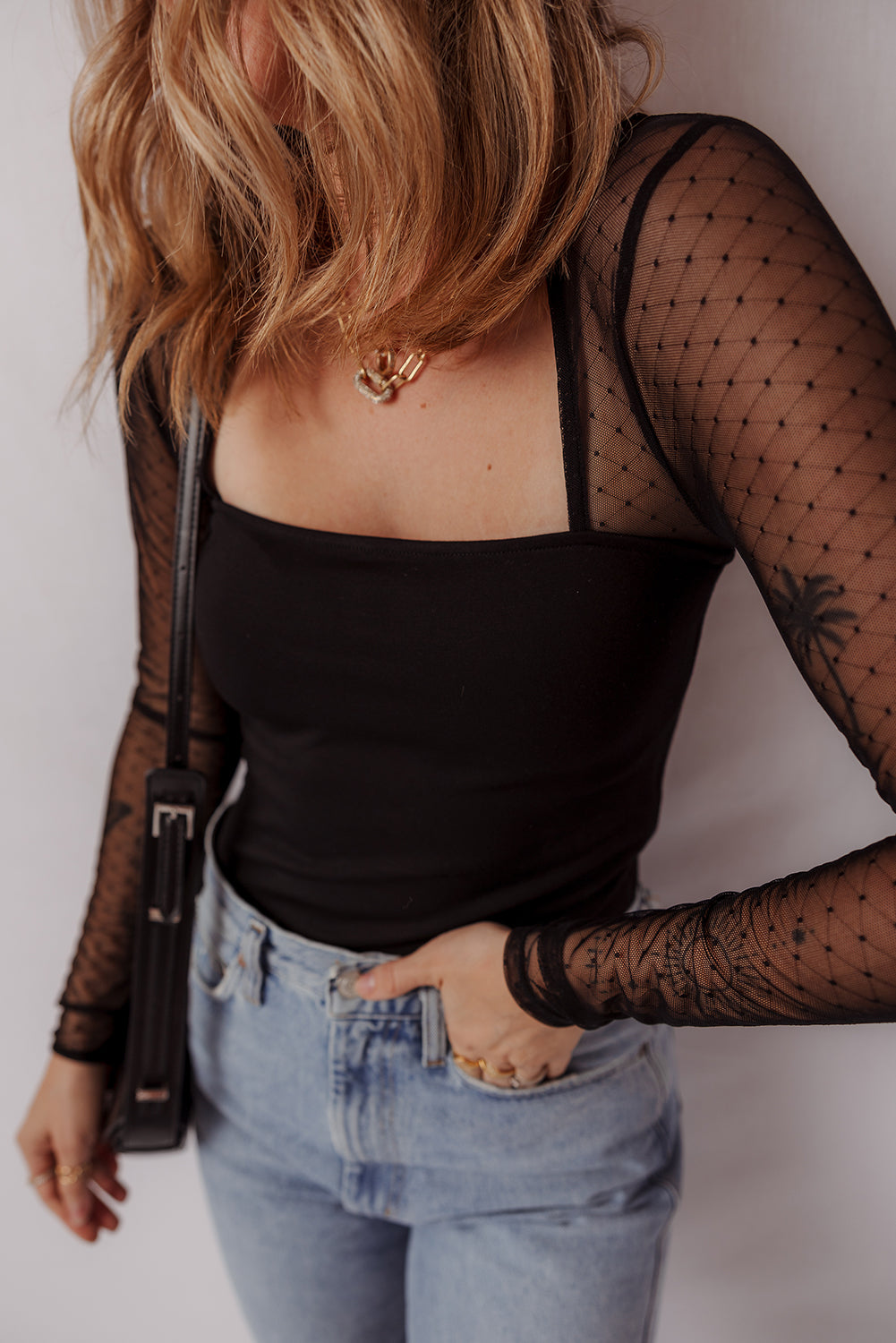 Black Polka Dot Mesh Long Sleeve Square Neck Bodysuit 🇺🇸