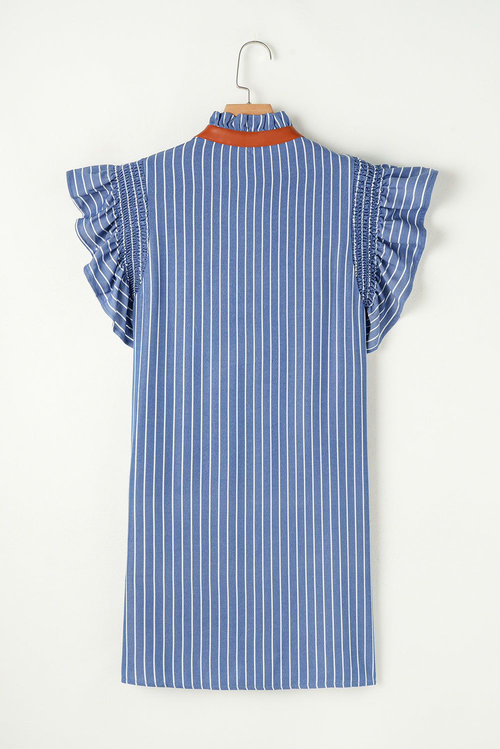 Sky Blue Stripe Frilly Split Neck Shirred Ruffle Sleeve Short Shift Dress 🇨🇳