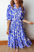 Sky Blue Abstract Print Smocked Waist Puff Half Sleeve Maxi Dress 🇺🇸