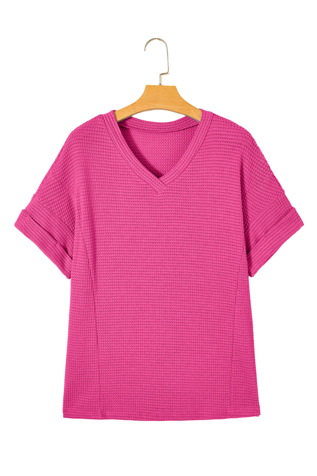 Strawberry Pink Waffle V Neck Short Sleeve Knit Top 🇺🇸