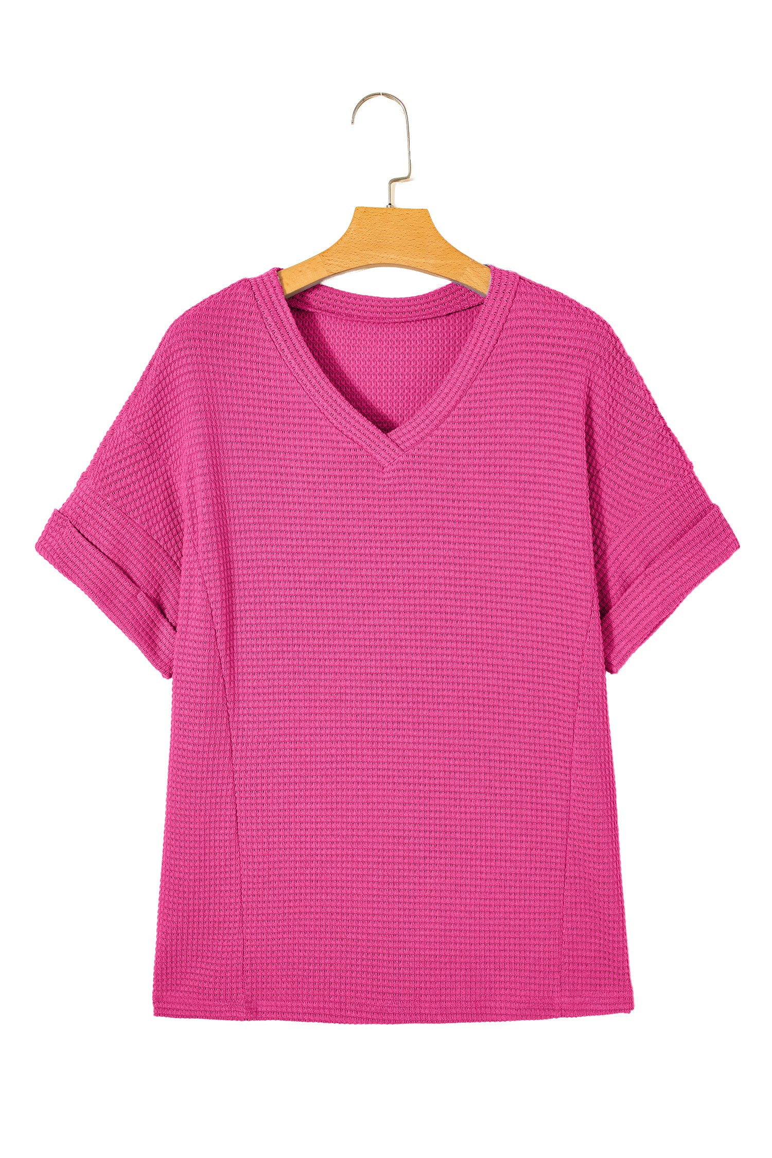 Strawberry Pink Waffle V Neck Short Sleeve Knit Top 🇺🇸