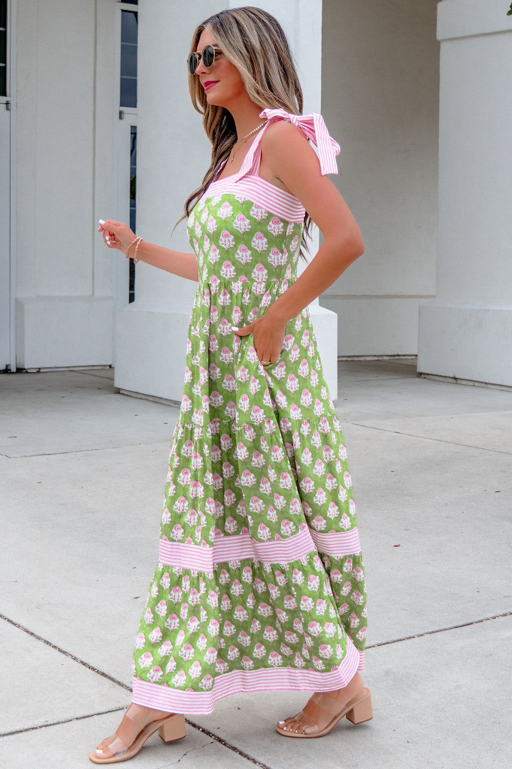 Green Floral Print Striped Detail Knot Straps Maxi Dress 🇺🇸