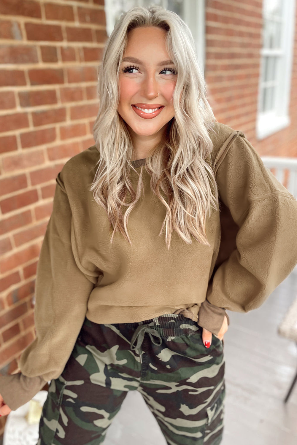 Dark Khaki Fuzzy Sherpa Splicing Pullover Sweatshirt with Side Slit 🇺🇸