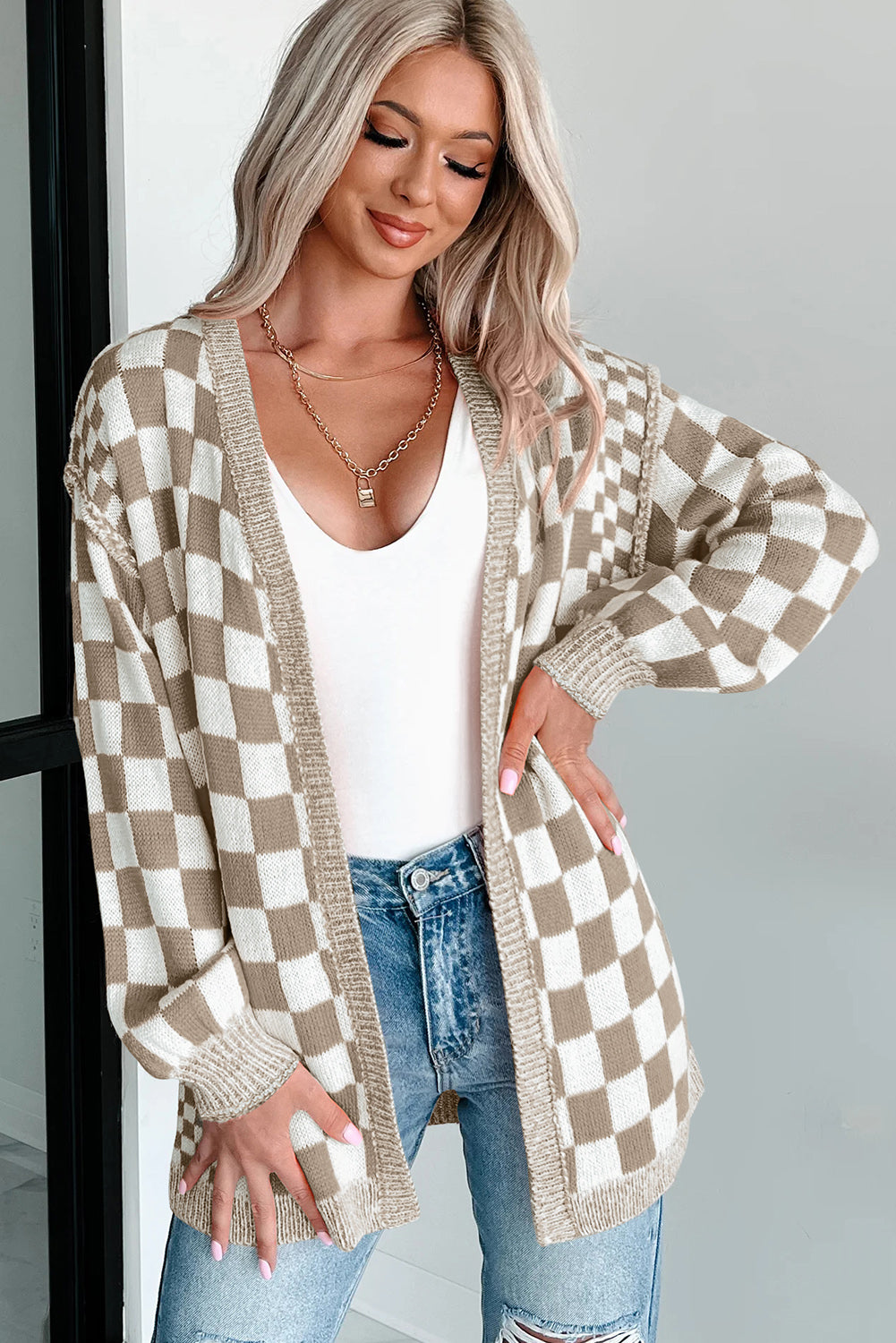 Brown Checkered Open Front Drop Shoulder Cardigan 🇺🇲