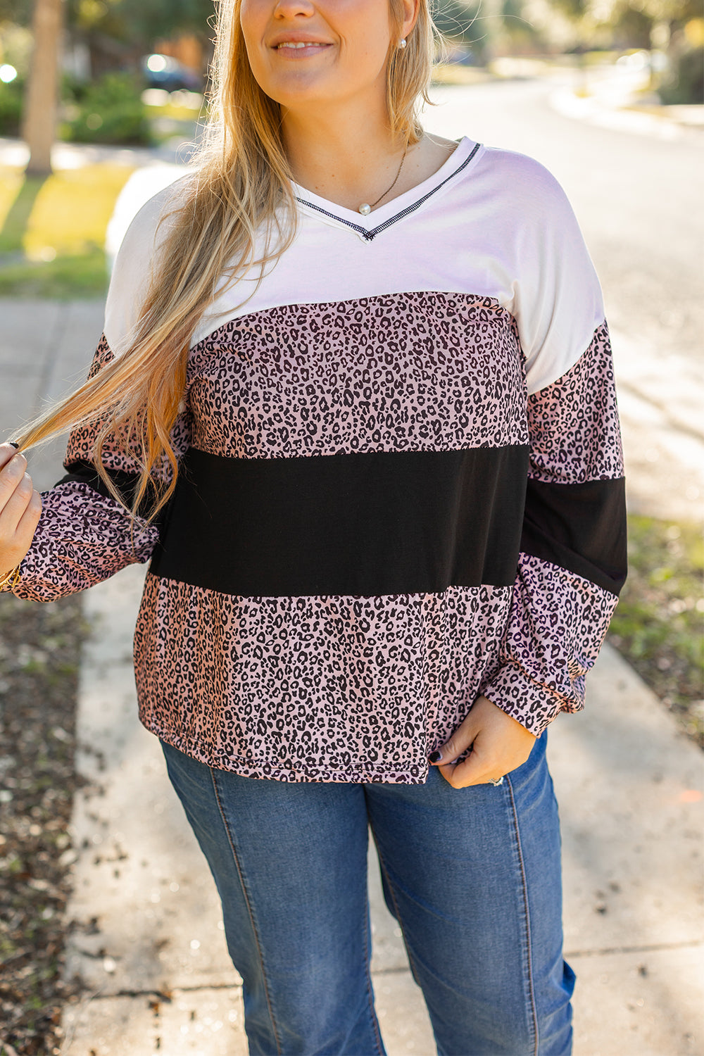 Black Leopard Print Colorblock V Neck Long Sleeve Plus Size Top 🇺🇸