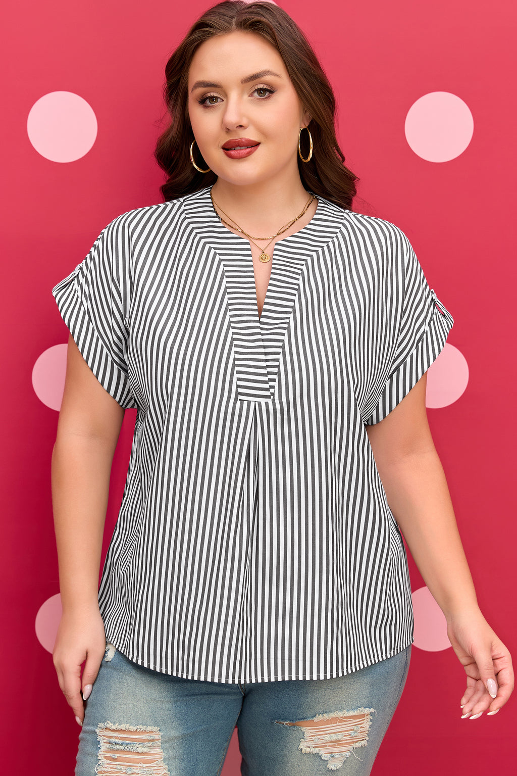 Black Stripe Plus Size V Neck Roll-tab Short Dolman Sleeve Blouse 🇺🇸