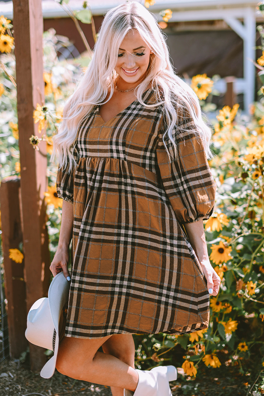 Brown Plaid Pattern Empire Waist Babydoll Dress 🇺🇸