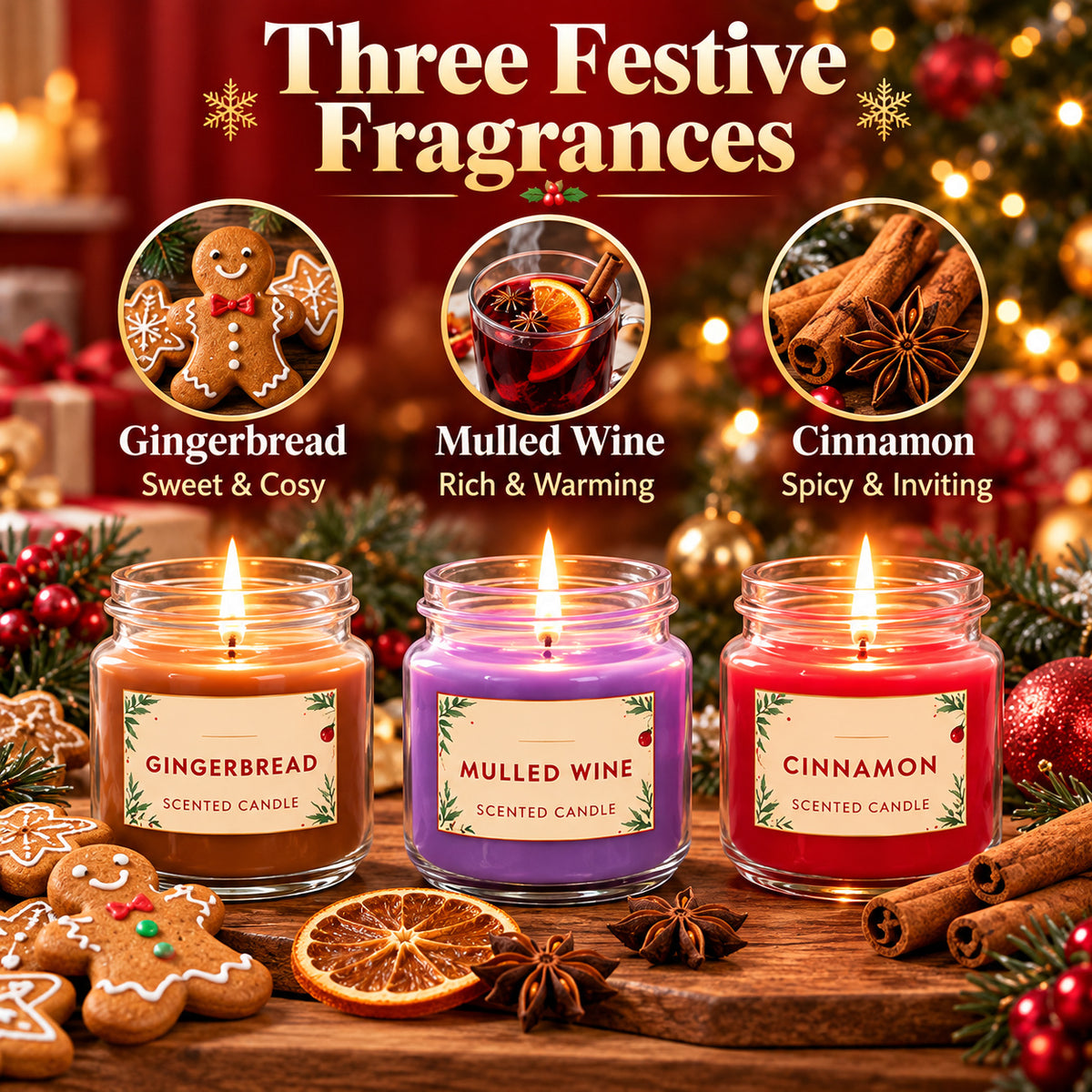 Christmas Scented Candle Gift Set 3 Jar Candles Gingerbread Cinnamon Mulled Wine 🇬🇧