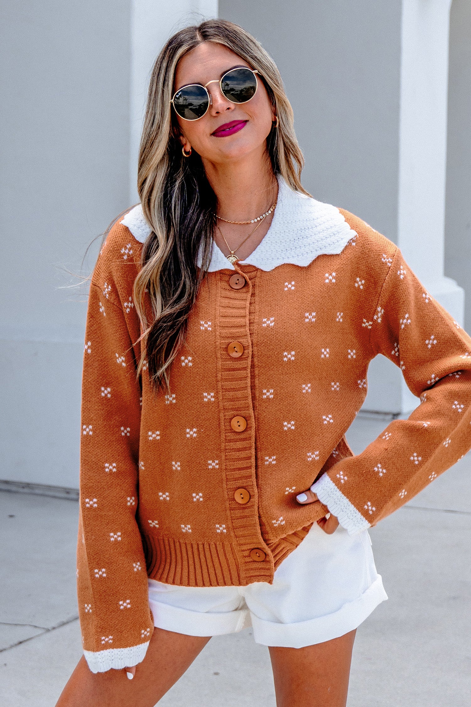 Russet Orange Peter Pan Collar Colorblock Long Sleeve Knitwear Cardigan 🇺🇸