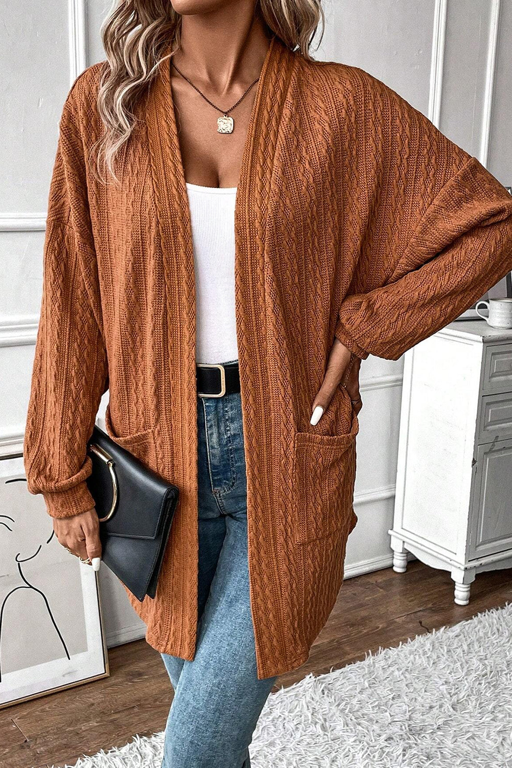 Chestnut Textured Knit Side Pockets Open Front Cardigan 🇨🇳