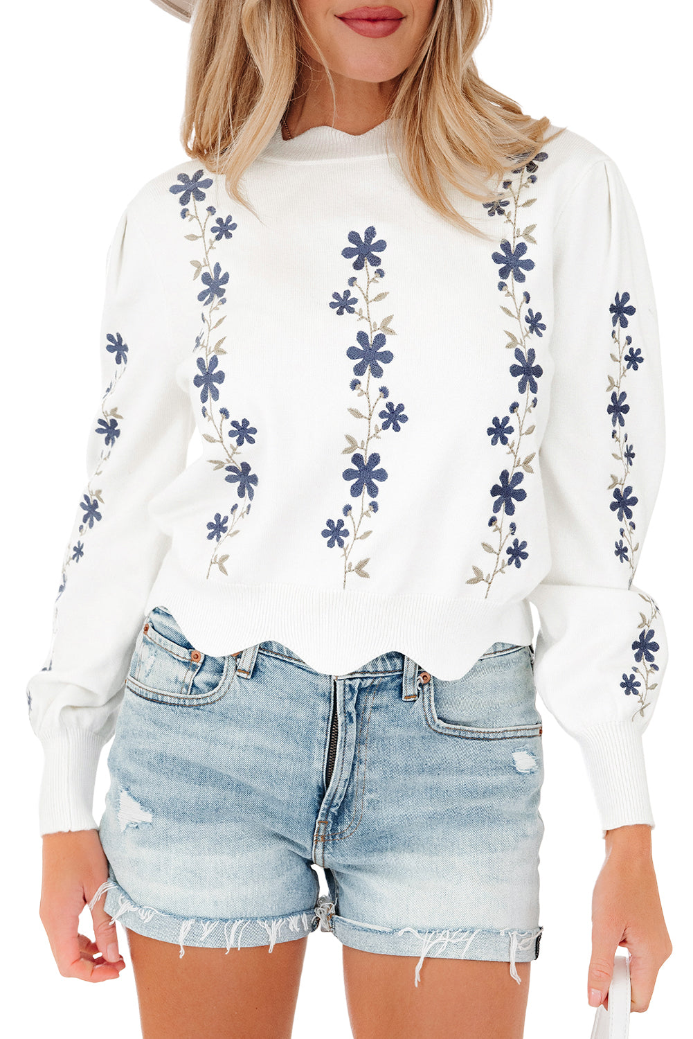 White Floral Embroidered Scallop Hem Cropped Sweater 🇺🇸