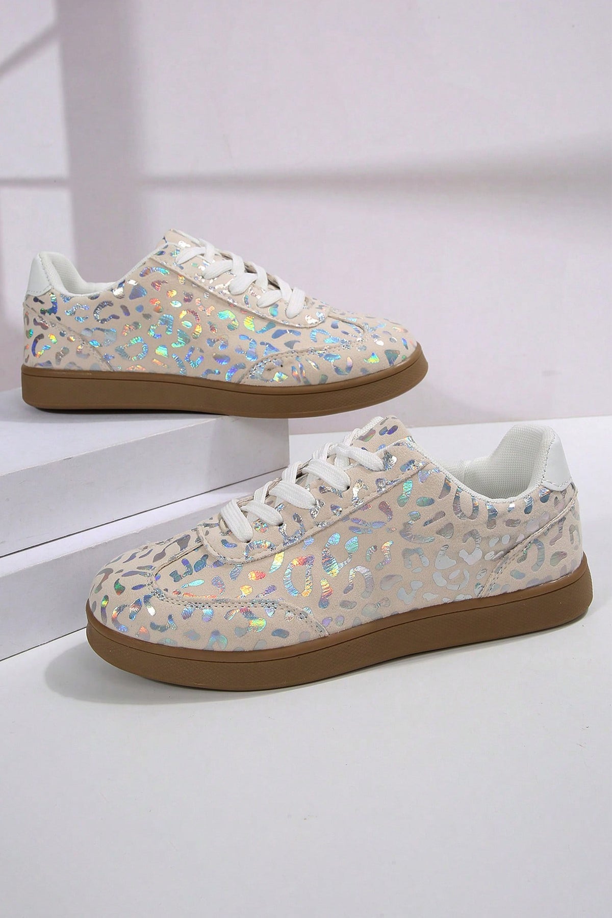 White Shiny Leopard Print Training Shoes 🇺🇸