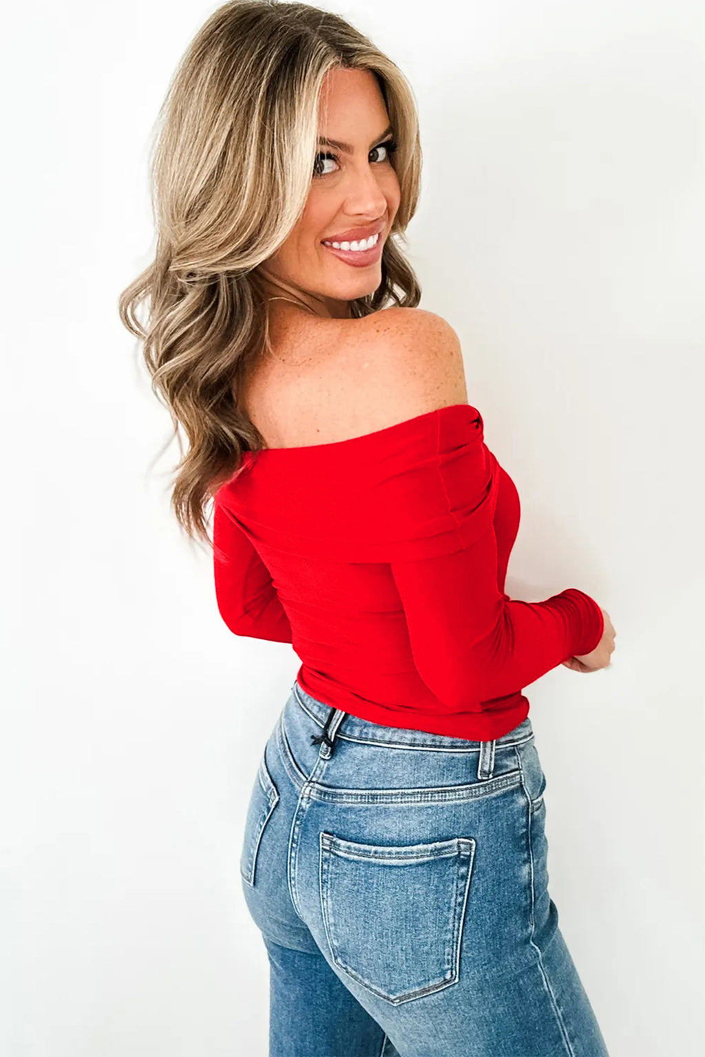 Fiery Red Foldover Off Shoulder Long Sleeve Slim Top 🇺🇸