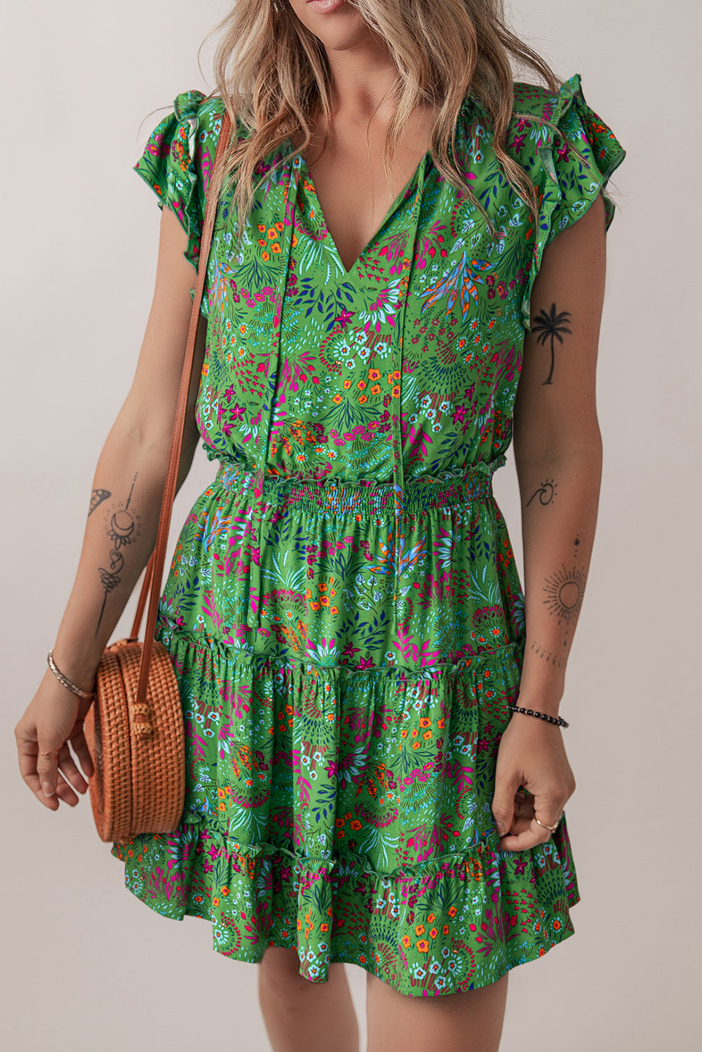 Green Floral Tie Split Neck Frilly Ruffle Trim Tiered Short Dress 🇺🇸