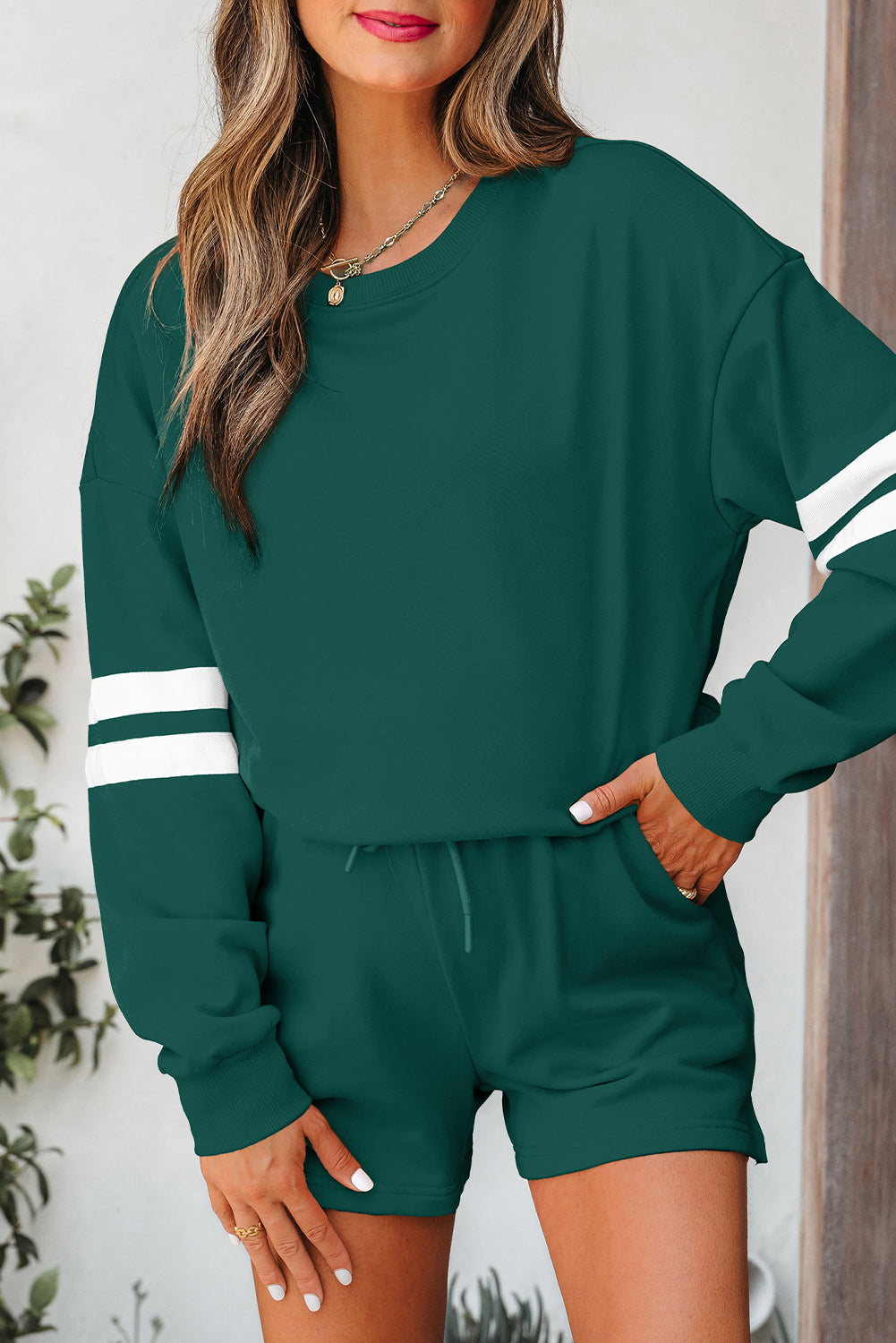 Evergreen Varsity Striped Sleeve Drop Shoulder Sweatshirt and Short Set 🇺🇲