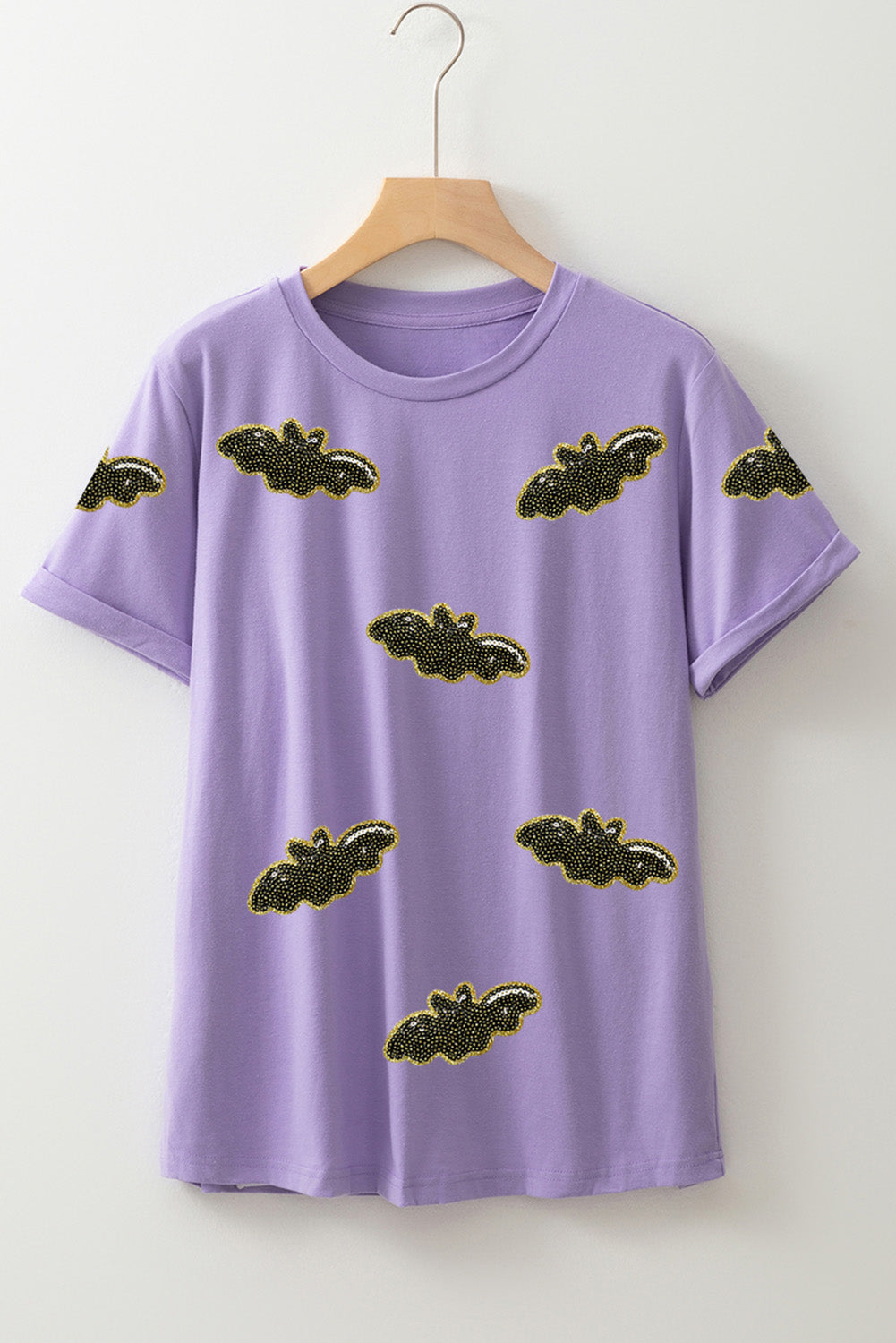 Wisteria Sequin Halloween Bat Patched Casual T Shirt 🇺🇸