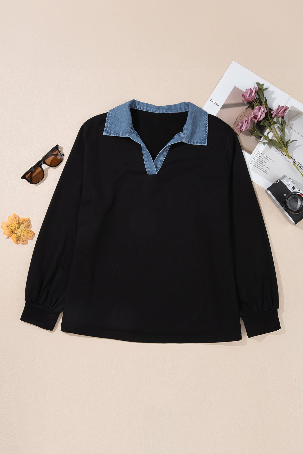 Black Solid V Neck Tunic Shift Long Sleeve Plus Size Blouse 🇺🇸